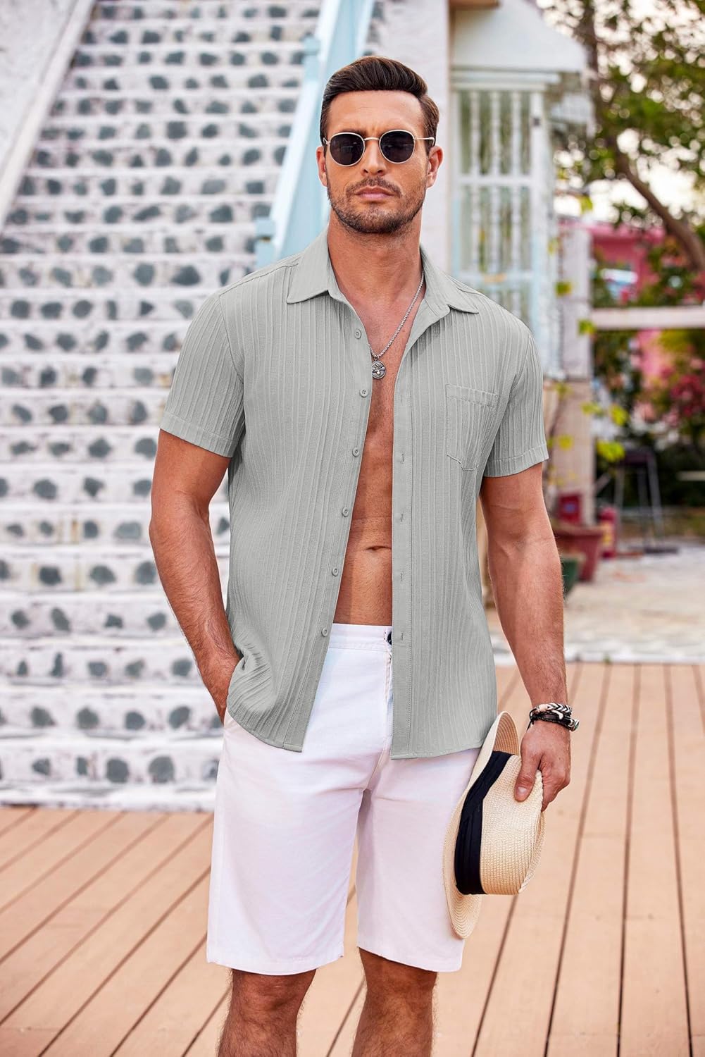 COOFANDY Men's Casual Button Down Shirts Short Sleeve Textured Summer Beach Shirt with Pocket - Image 4