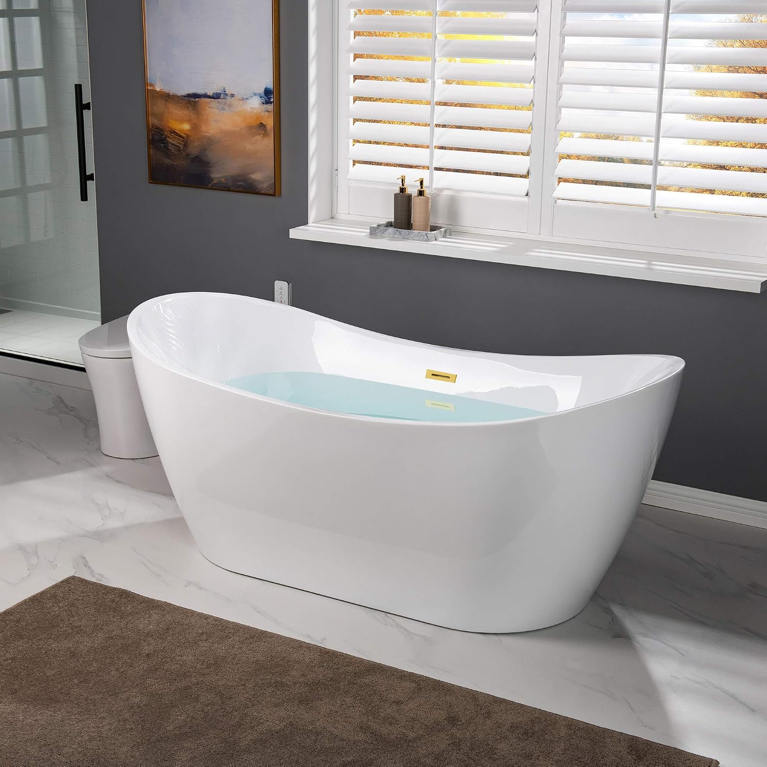 The WOODBRIDGE BTA1515 bathtub filled with water in a bathroom setting.