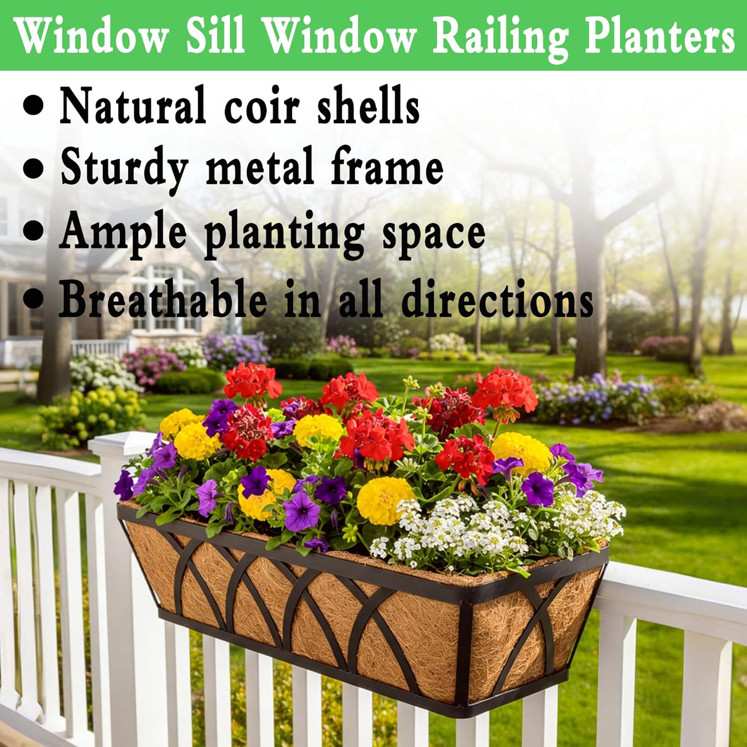 2 Pack 24 Inch Window Sill Fence Planter Pots Black Metal Window Sill Planter with Coco Backing Wall Mounted Home Planter Hanging Basket