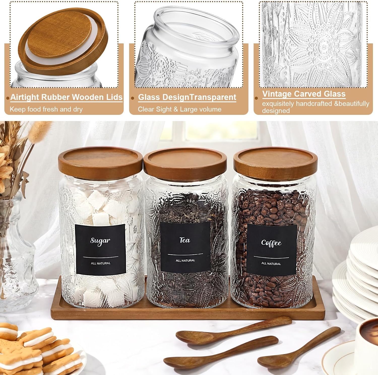 3 Pcs Glass Coffee Container Set with Wooden Lid Spoon Shelf Labels Clear Sugar Tea Airtight Jar Food Storage Canisters Set for Spice Holder Coffee Bar Gifts(Sunflower,32 oz)
