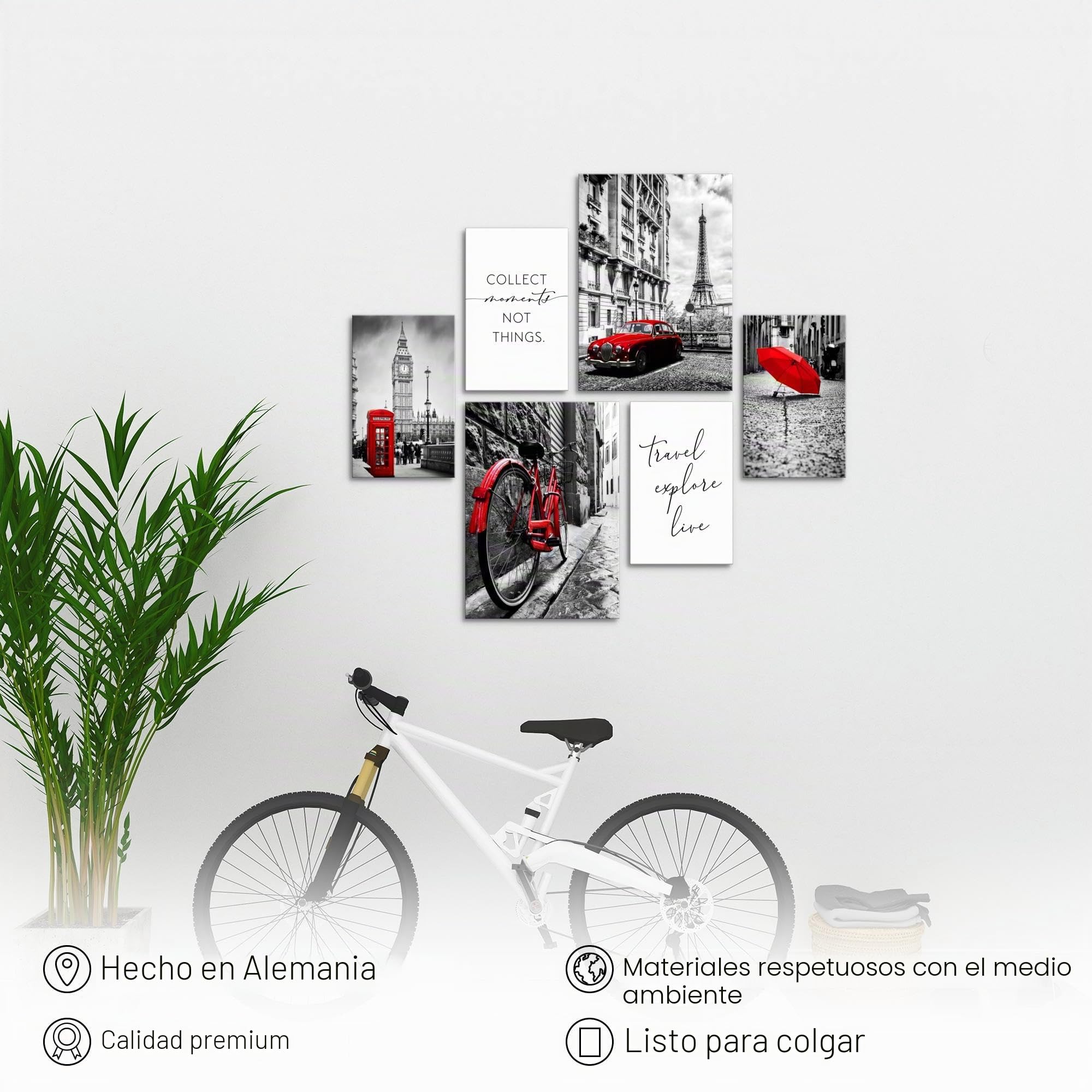 Cuadros Londres Paris Ciudades - CON ESTILO, SIN NECESIDAD DE MARCO - Moderne Collage Negro Rojo - Salón Dormitorio - N024563a