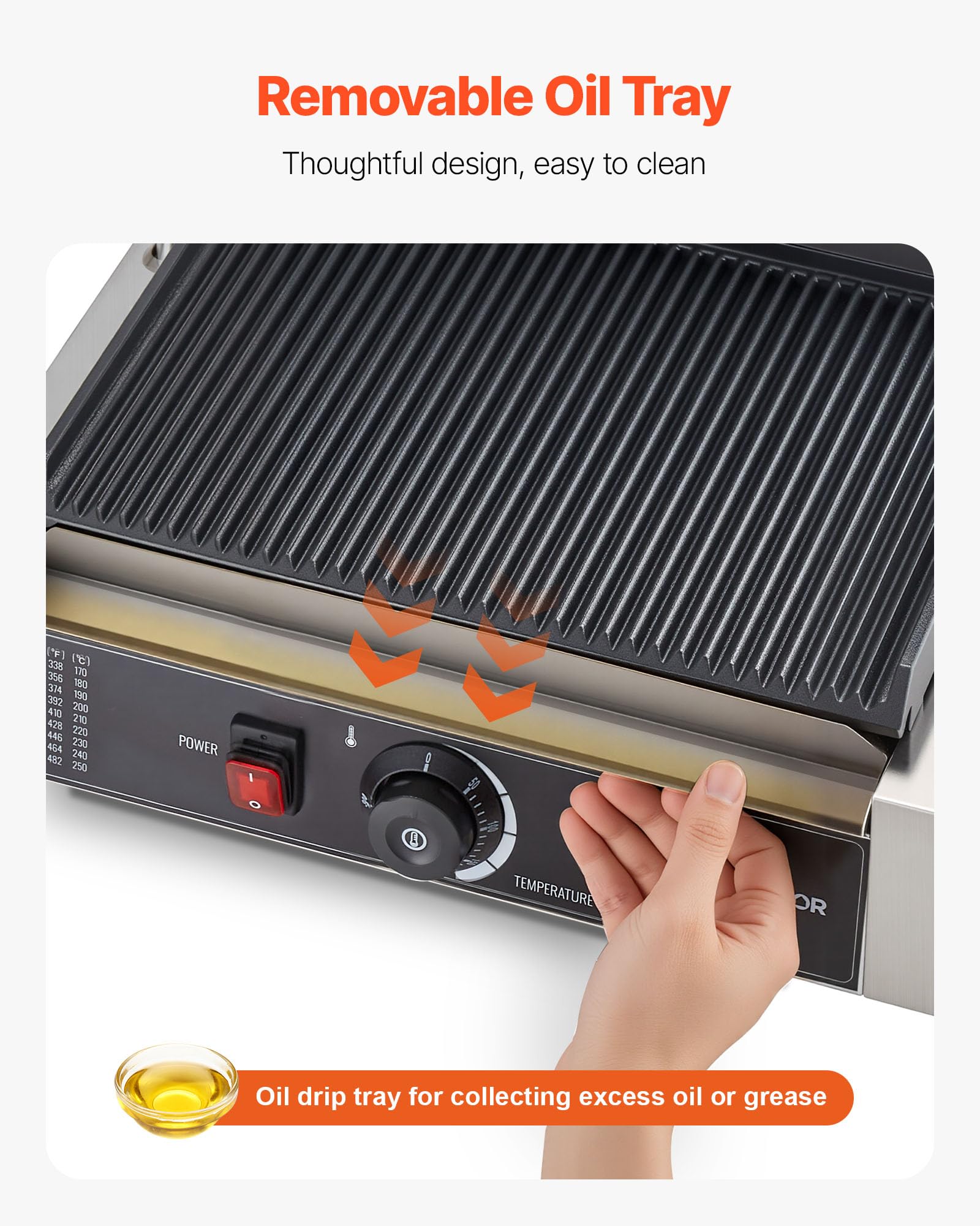 VEVOR Piastra Elettrica per Panini Professionale, 2200 W, in Acciaio Inox con Maniglia e Controllo della Temperatura, Piastra Smaltata Scanalata Completa da 34 x 23 cm, per Bistecche, Pancetta
