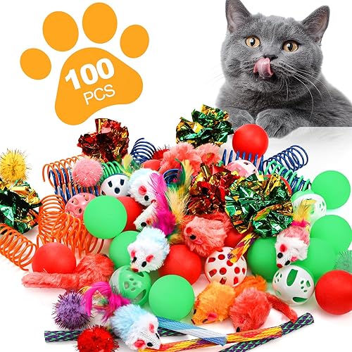 Miniatura 3 de Nicunom 100 piezas de juguetes para gatos y gatitos de interior  primavera, ratones de piel, bola arrugada, bola de pompón brillante, campana,
