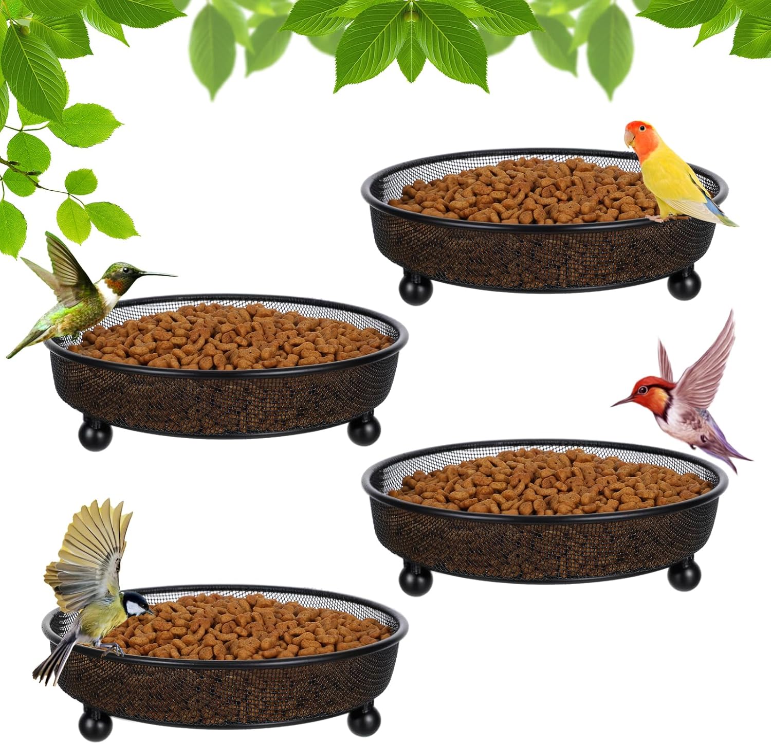 4 Pcs Black Platform Bird Feeder Tray, 7 x 2 Inch Iron Mesh Seed Trays for Outdoor Wild Birds Squirrels Doves, Squirrel Resistant Garden Yard Decoration