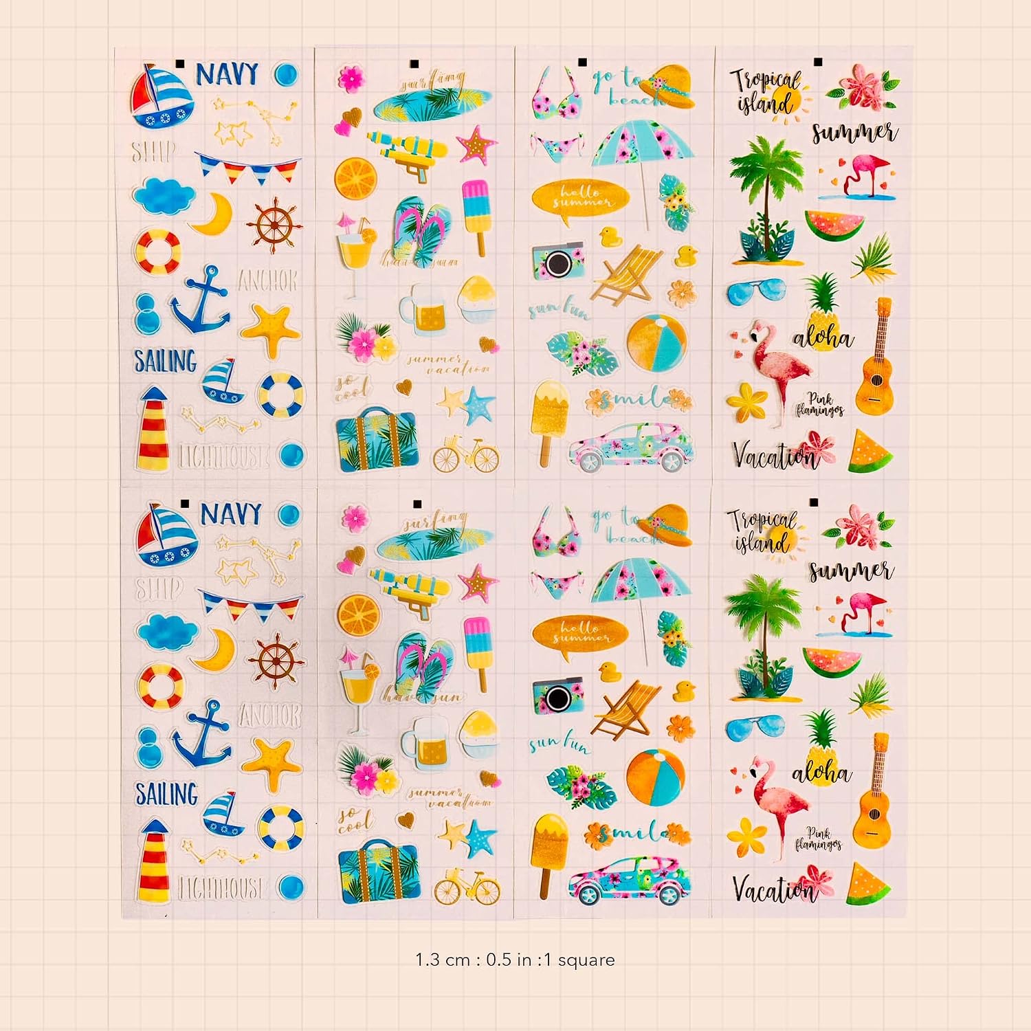 Navy Peony Tropical Beach Vacation Planner Sticker Sheets (8 Sheets, 144 Stickers) Waterproof, Transparent | Cute Summer Travel Decals for Scrapbook, Planners, Journals