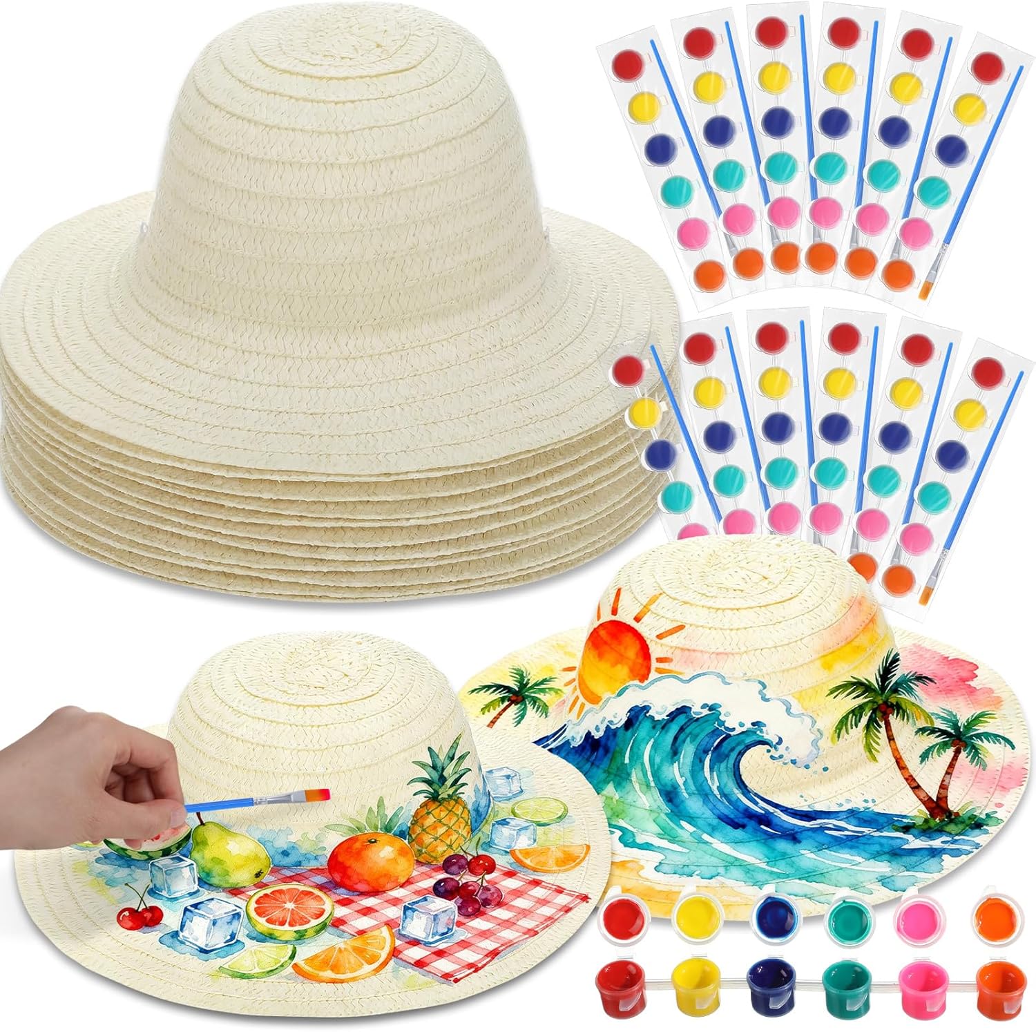 DIY Straw Hat Set DIY Tea Party Hats Handmade Cap with Paints Brushes Craft Art Painting Cap Tea