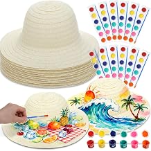 Chicingyou DIY Straw Hat Bulk Tea Party Cap Handmade Beach Sun Hat with Paints Brushes Arts Crafts Gifts for Adults Women Men