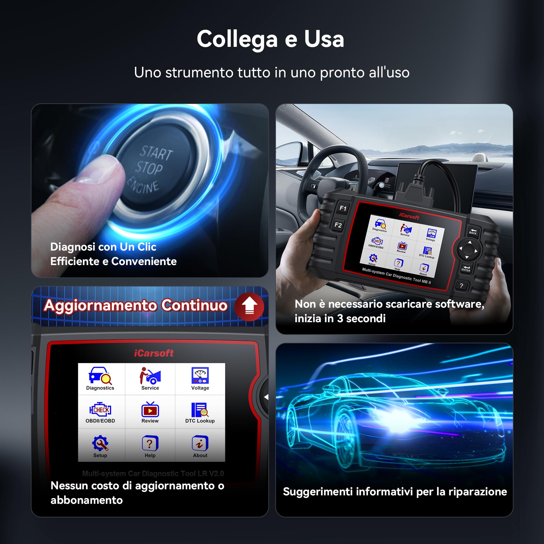 iCarsoft LR V2.0 OBD2 Auto Diagnostica per Land Rover/Jaguar, Diagnosi Auto in Italiano per Tutti i Sistemi, 9 Funzioni di Ripristino, Olio/EPB/BMS/ETC/SAS/INJ/TPMS/DP-F/ABS, Aggiornamento a Vita