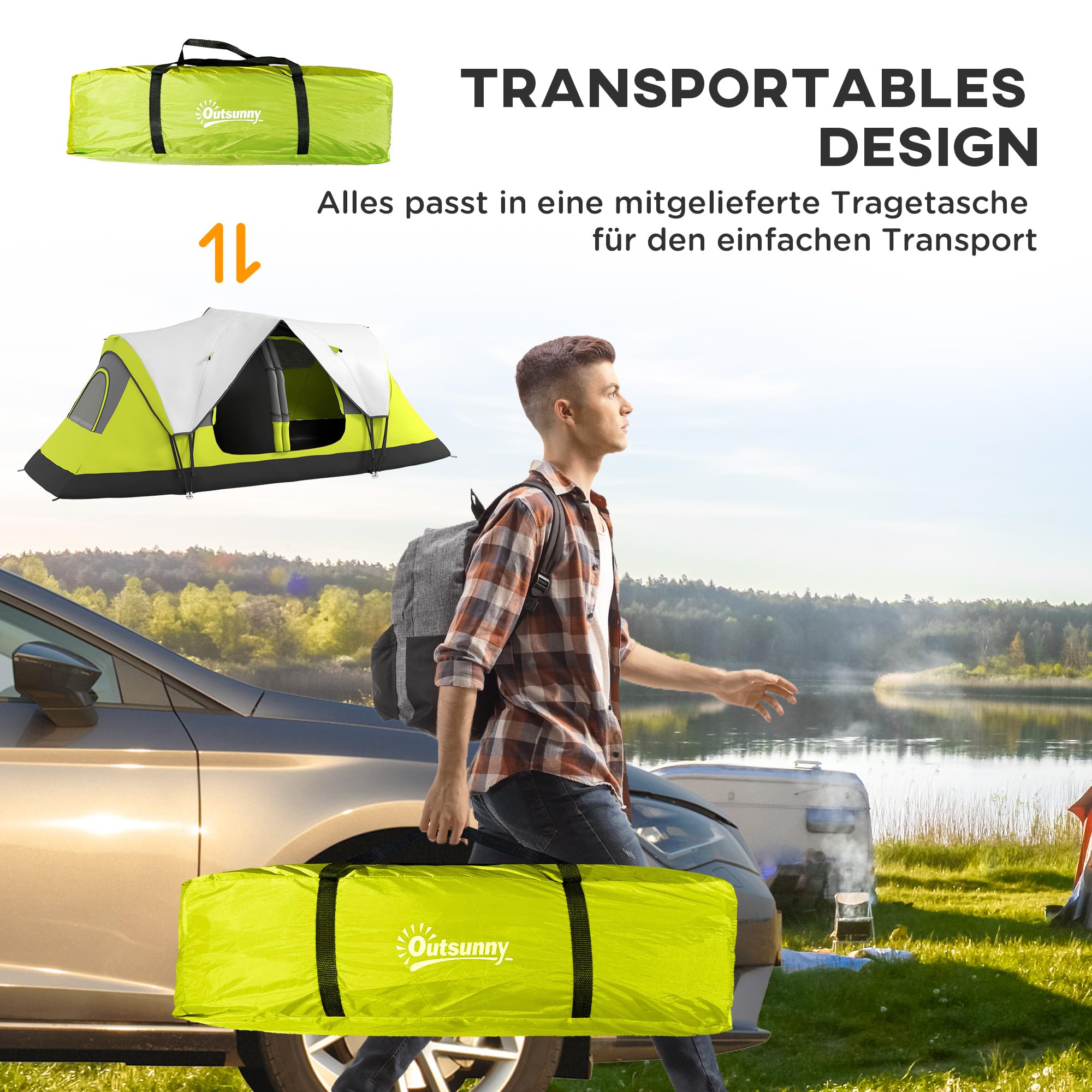Outsunny Campingzelt, Tunnelzelt für 3 Personen, mit Lichthaken, Meshfenster, 2 Räumen Winddicht groß Familienzelt mit Tragetasche, 2000mm Wassersäule Gruppenzelt für Camping, Garten