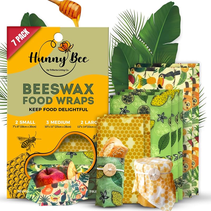 Trifecta Living Co. Envolturas versátiles de cera de abejas, juego de 7 recipientes para alimentos frescos, duraderos y fáciles de limpiar, paso sostenible hacia una cocina sin desperdicio, diseños únicos (panal, limón, animales tropicales)