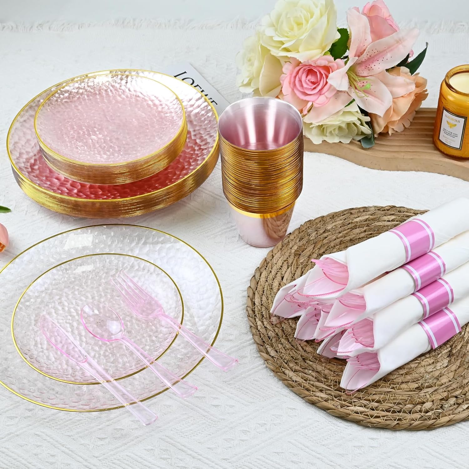 175PCS Gold and Pink Plastic Plate Set – Clear Pink Disposable Plate with Gold Rim Include Dinner Plates, Dessert Plates, Cups, Rolled Cutlery, Elegant Party Dinnerware for Weddings, Formal Events