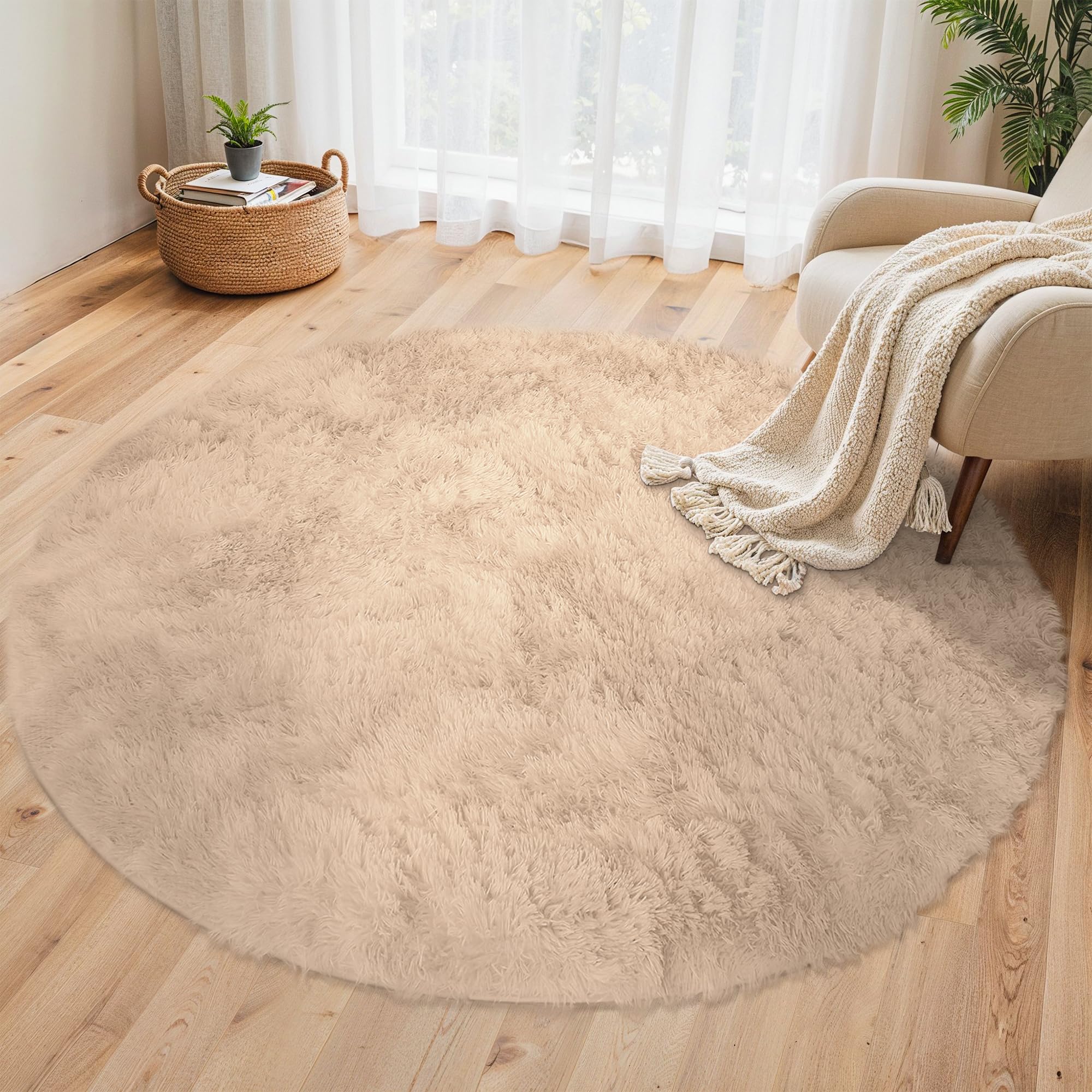 BEIMO Hochflor Teppich Flauschig Beige Teppich Wohnzimmer Rund 120CM Teppiche Schlafzimmer Anti-Rutsch Bettvorleger Teppiche Weich rutschfest für Kinderzimmer
