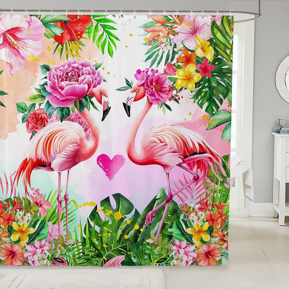 Pink Flamingo Kids Shower Curtains,Coconut Trees Tropical Plants Bathroom Curtains for Girls Boys Adults,Beach Summer Romantic Colorful Bright Waterproof Curtains,12 Hooks Suits,72" W x 84" L