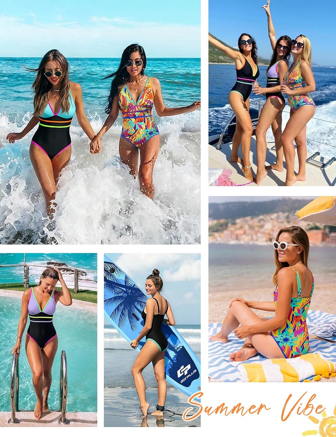 Women's One Piece Swimsuits Tummy Control 2026 Neon Color Block Swimwear Deep V Neck Athletic Bathing Suit - Image 6