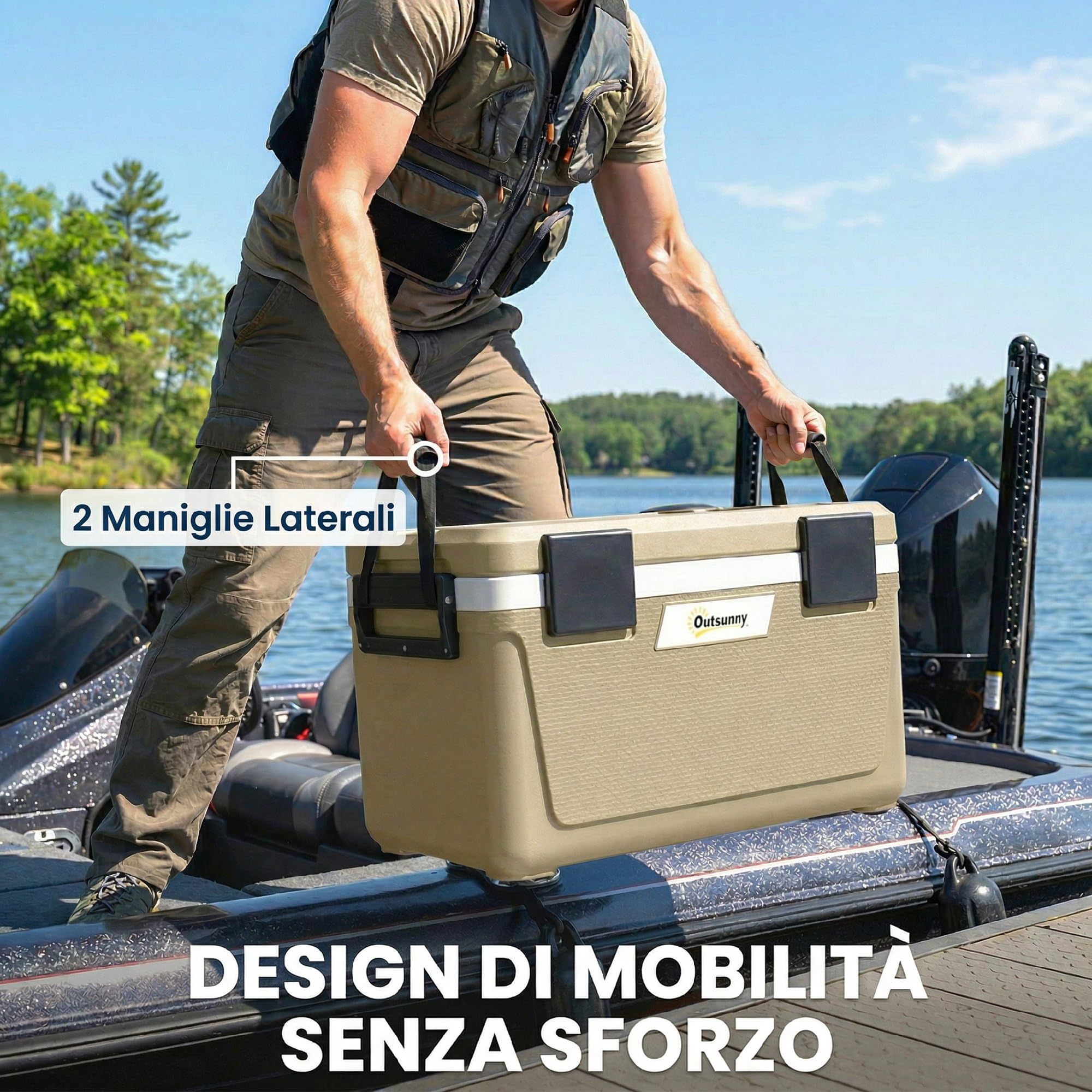 Outsunny Cooler Box 42.6L, Frigo Isotermica, Leggera e Portatile con Maniglia, Coperchio e Valvola di Scarico, Mantiene Cibo e Bevande Caldi o Freddi, Ideale per Campeggio e Picnic, Cachi