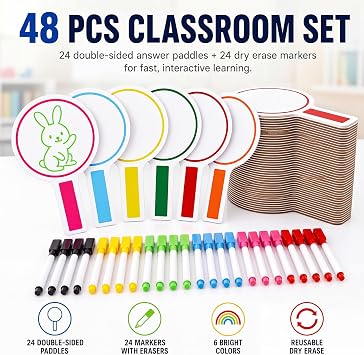 Henoyso 48 Pcs 5 x 9 Inch Dry Erase Answer Paddle with Markers Handheld Double Sided Paddles Colorful Flip Answer Dry Erase Paddles White Boards for Students Kids Score Boards Teacher, Bright