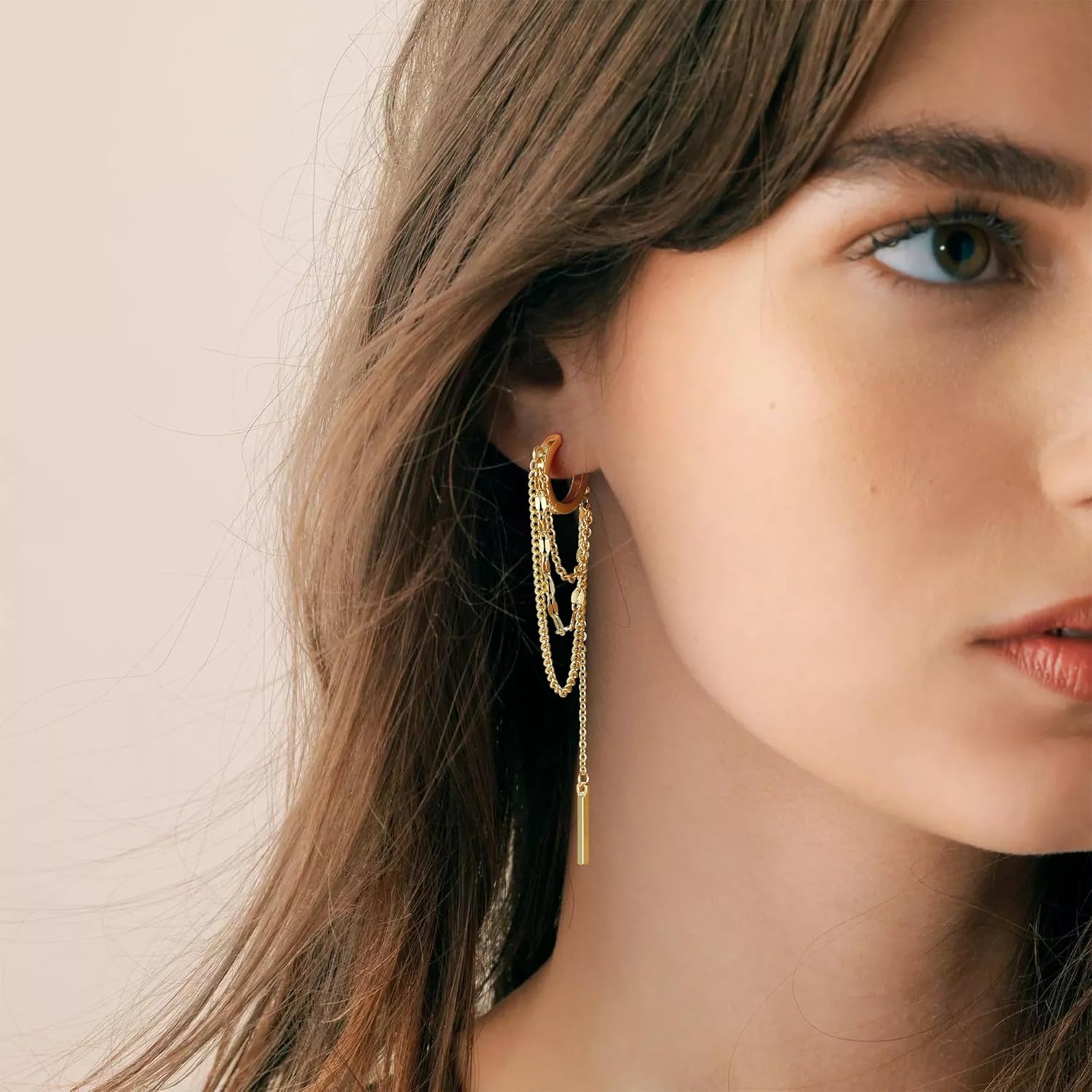 14K Gold Plated Chain Hoop Earrings Dangle Long Earrings for Women Trendy Tassel Chain Huggie Dangle Earring Jewelry Gifts for Women Teens - Image 3