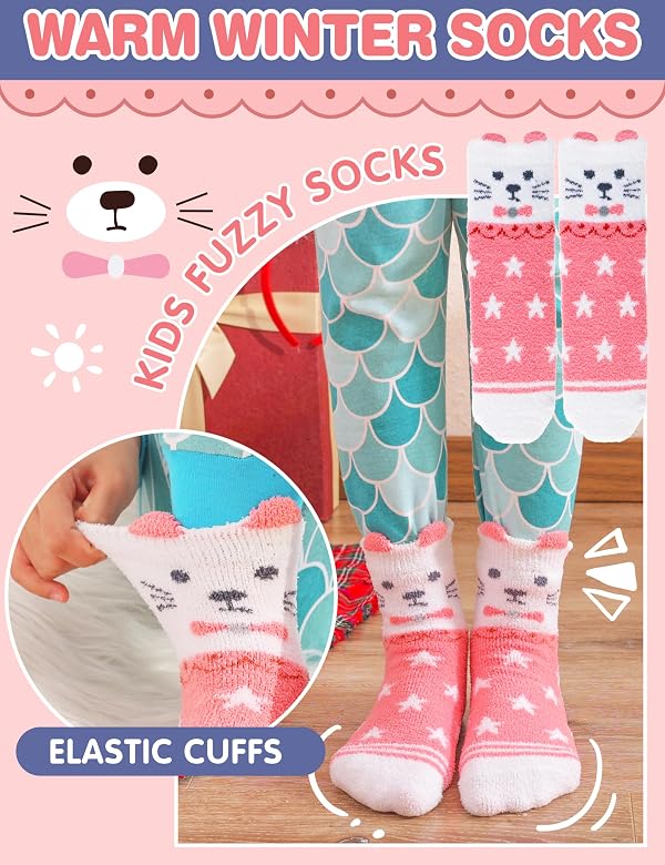 EBMORE Girls Kids Toddler Fuzzy Socks with Grips Non Slip Slipper Socks Crew Cabin Cozy Fluffy Hospital Warm Winter Socks 6 Pairs, Animal, 8-12 Years by EBMORE - Image 3