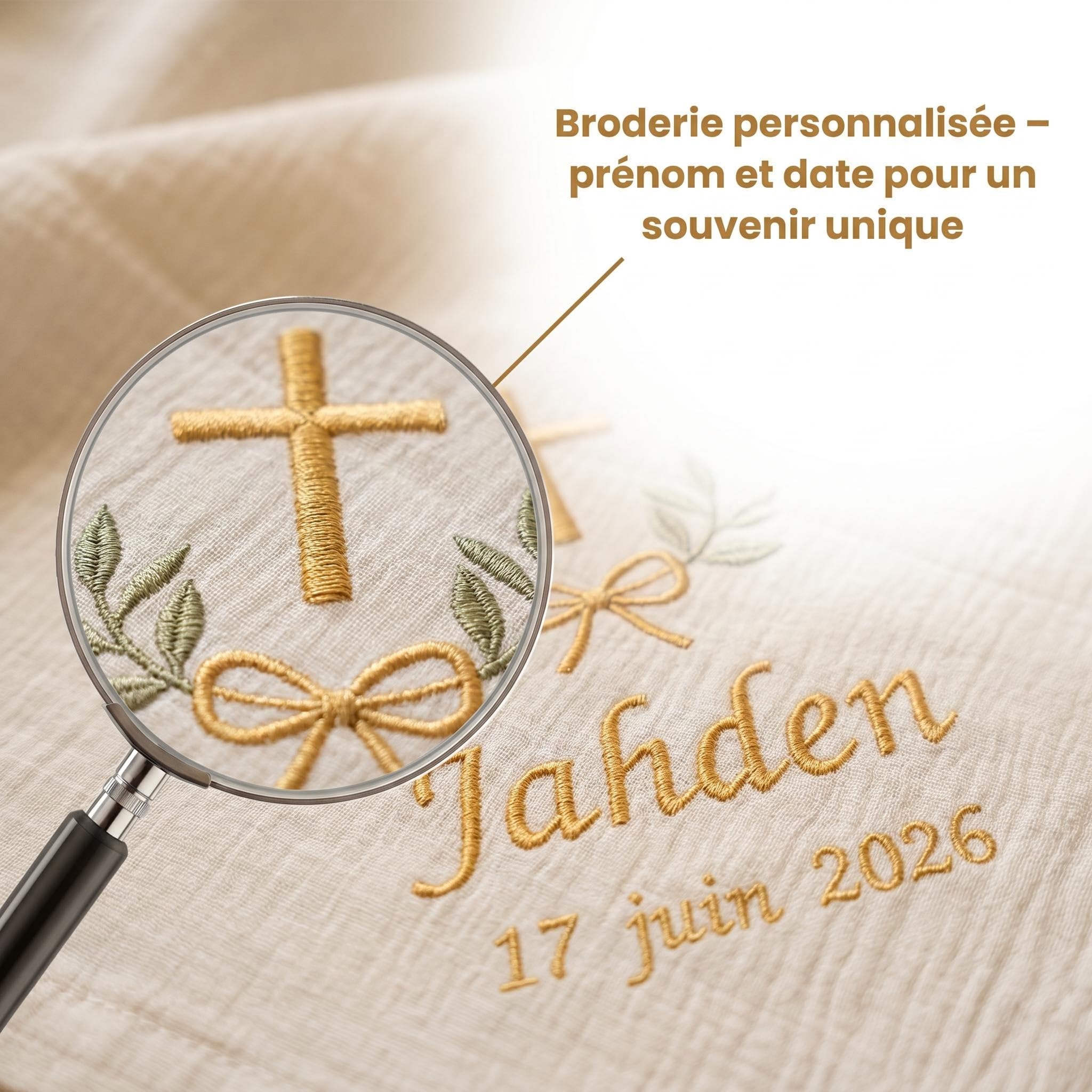 XIAOMA Couverture de Baptême Bébé Personnalisée – Coton Gaze Doux, Broderie Élégante, Style Français – Coffret Cadeau, Personnalisation 48H, Multi-Usage