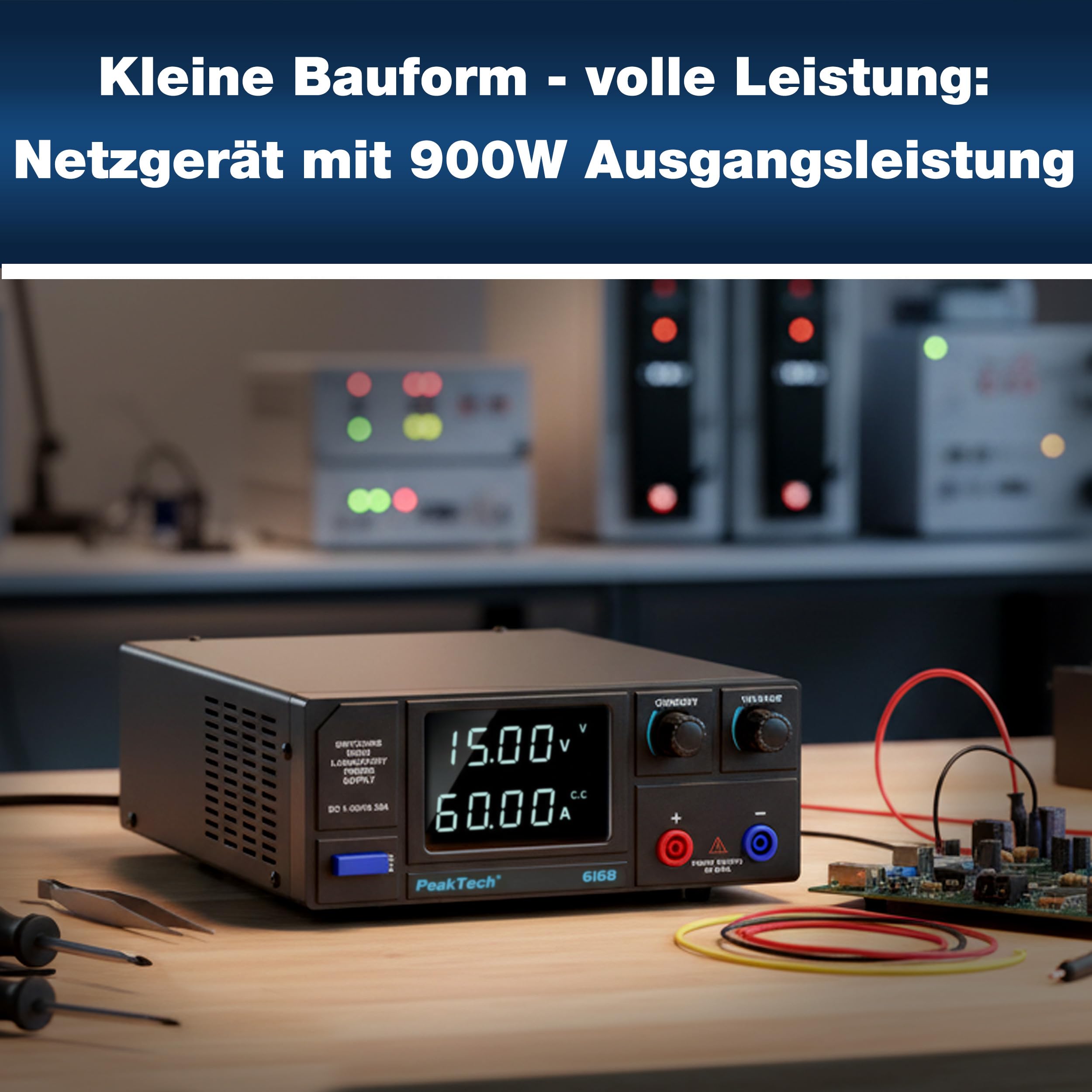 PeakTech 6168 – zasilacz laboratoryjny DC 1-15 V/0-60 A @ 900 W wyświetlacz segmentu LED, zasilacz High Power z regulowanym napięciem wyjściowym, zasilacz laboratoryjny