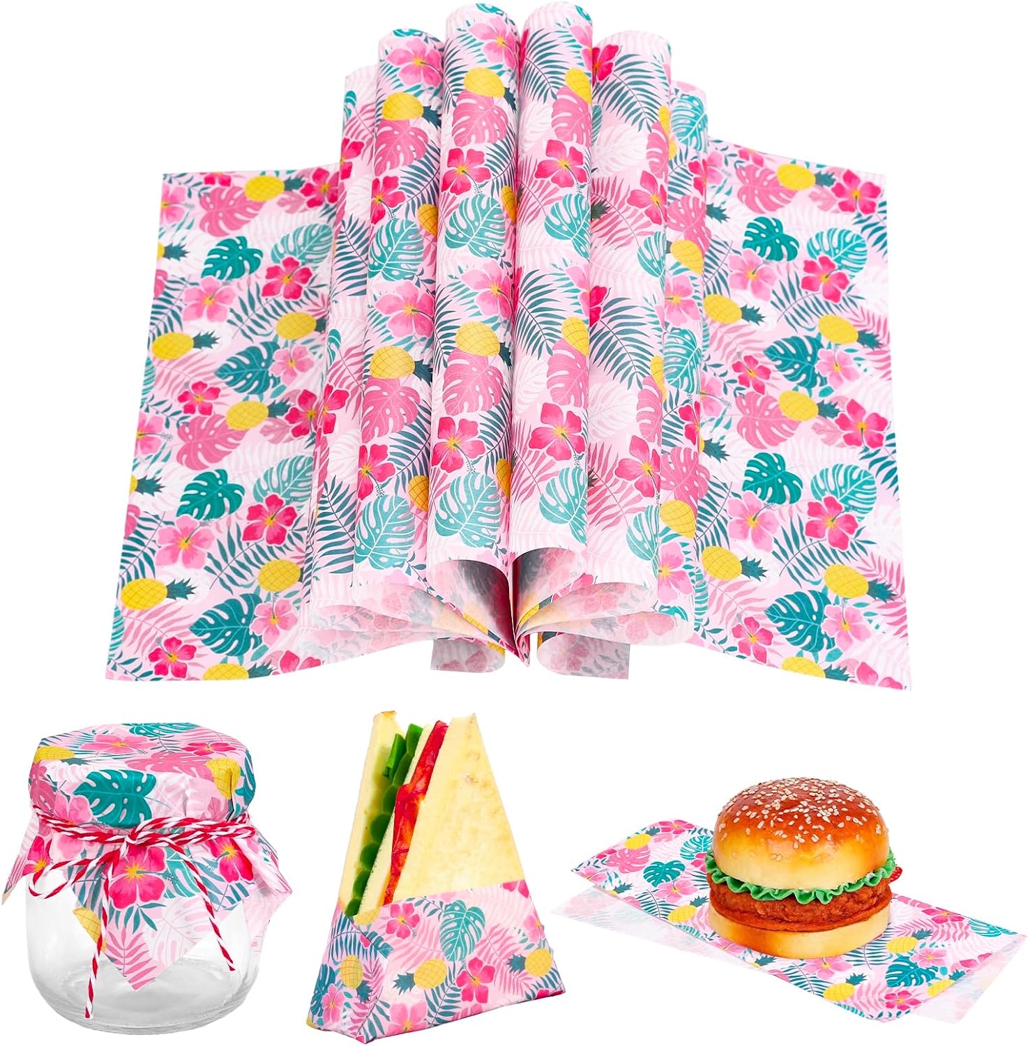 AnyDesign 100 Pcs Summer Wax Paper Deli Paper Hawaiian Flower Tropical Leaves Pineapple Sandwich Wrapping Tissue Picnic Basket Liner for Food Baking Kitchen Party, 9.8 x 8.3 Inch