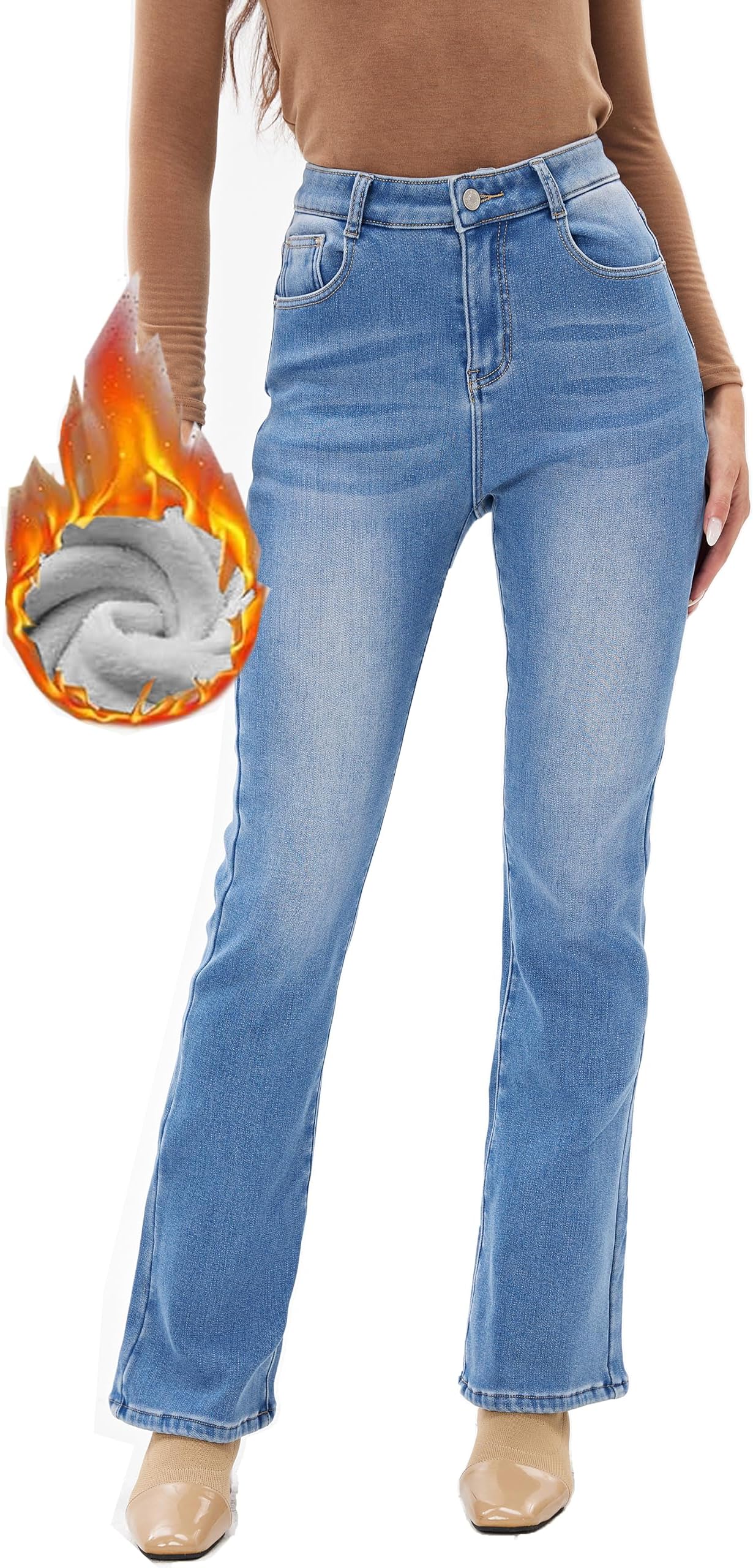 heipeiwa Women's Winter Fleece Lined Thermal Flare Bootcut Jeans High Waist Denim Pants