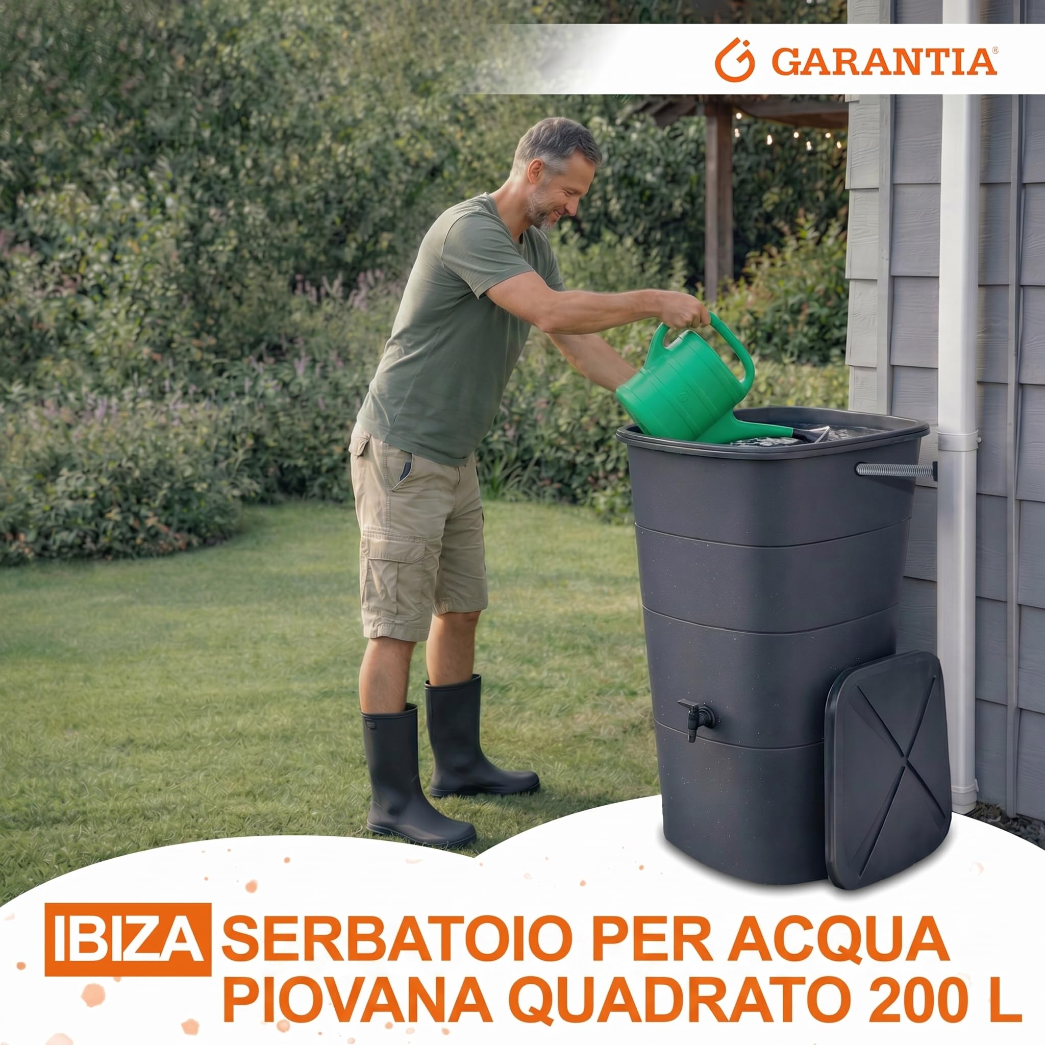 GARANTIA IBIZA serbatoio per acqua piovana quadrato 200 litri grigio grafite incl. coperchio e rubinetto - superficie elegante per parete e angolo - bordo rinforzato e base rotonda anti rigonfiamento