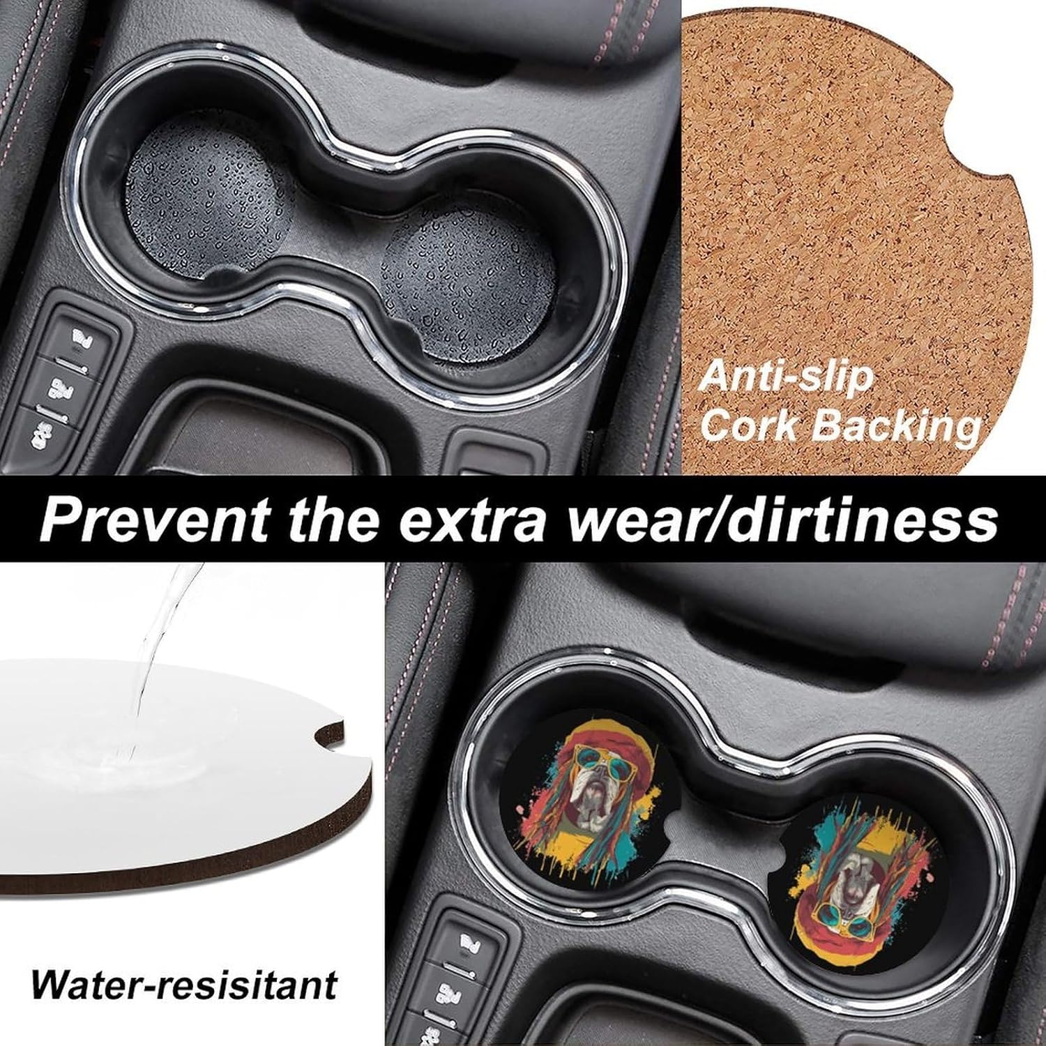 Bull Dog Rasta Cute Car Coasters 2.56 Inch Absorbent Cup Holder for Drinks Auto Interior Accessories