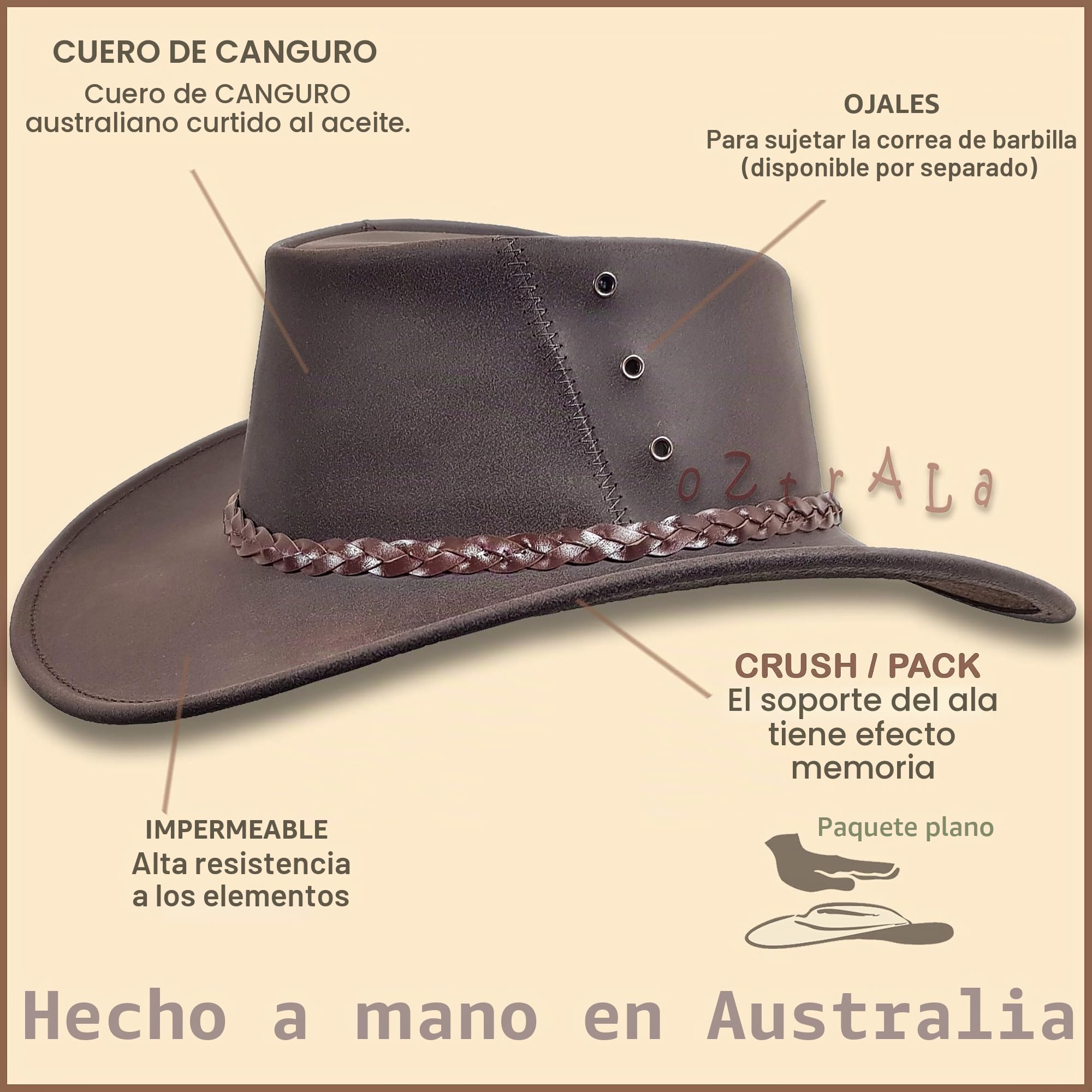 Oztrala Engrasado Canguro Cuero Sombrero Australiano Cowboy Outback Hombres Negro Western Aussie HLK2 US