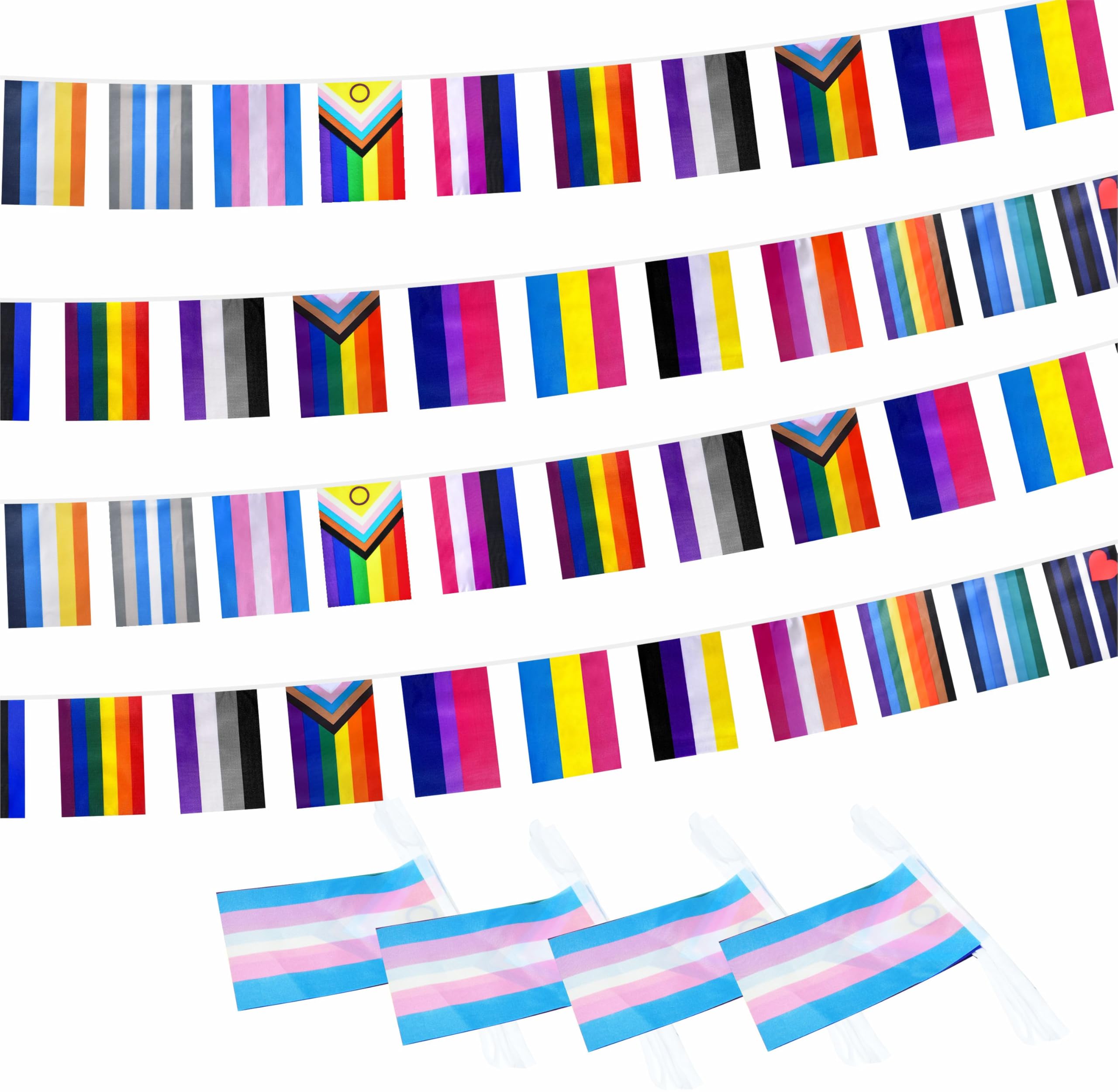 XCFH Progress Pride Rainbow Gay Flag Banner, 80 Feet Bunting Garland LGBTQ Decoration, 60 Flags 5x8 Inches, 4 Pack