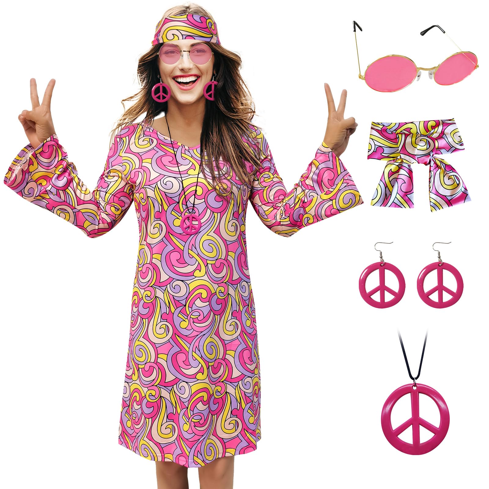 MRYUWB 70s Hippie Dress Costumes Necklace Earrings Sunglass Women Disco Outfit, 60s Party Costume, Halloween Retro Dresses (Swing Pink, X-Large)