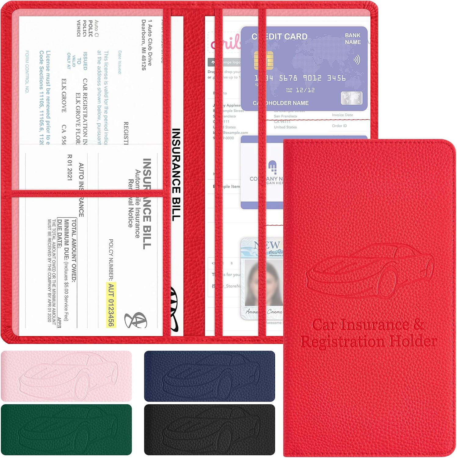 CASMONAL Red Car Registration and Insurance Card Holder for Driver License