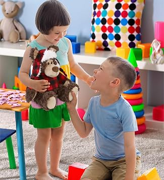 DolliBu Super Soft Plush Red Plaid Outfit Grizzly Bear - Adorable Playtime Zoo Bear Plush with Clothes, Cute Cuddle Gift - 9 Inches