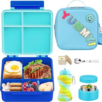 Bento Lunch Box with Soup Thermo for Kids Lunch Bag, Blue | 10oz Insulated Food Thermo & Foldable Silicone Cup, Leak Proof Food Container with 5 Compartment for Kids to Shool Travel