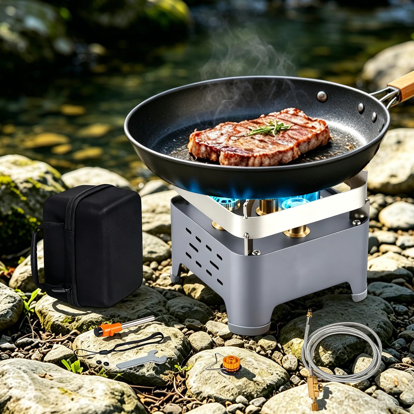 Batterie de cuisine d'extérieur à 5 brûleurs - Réchaud portable - 13,5 x