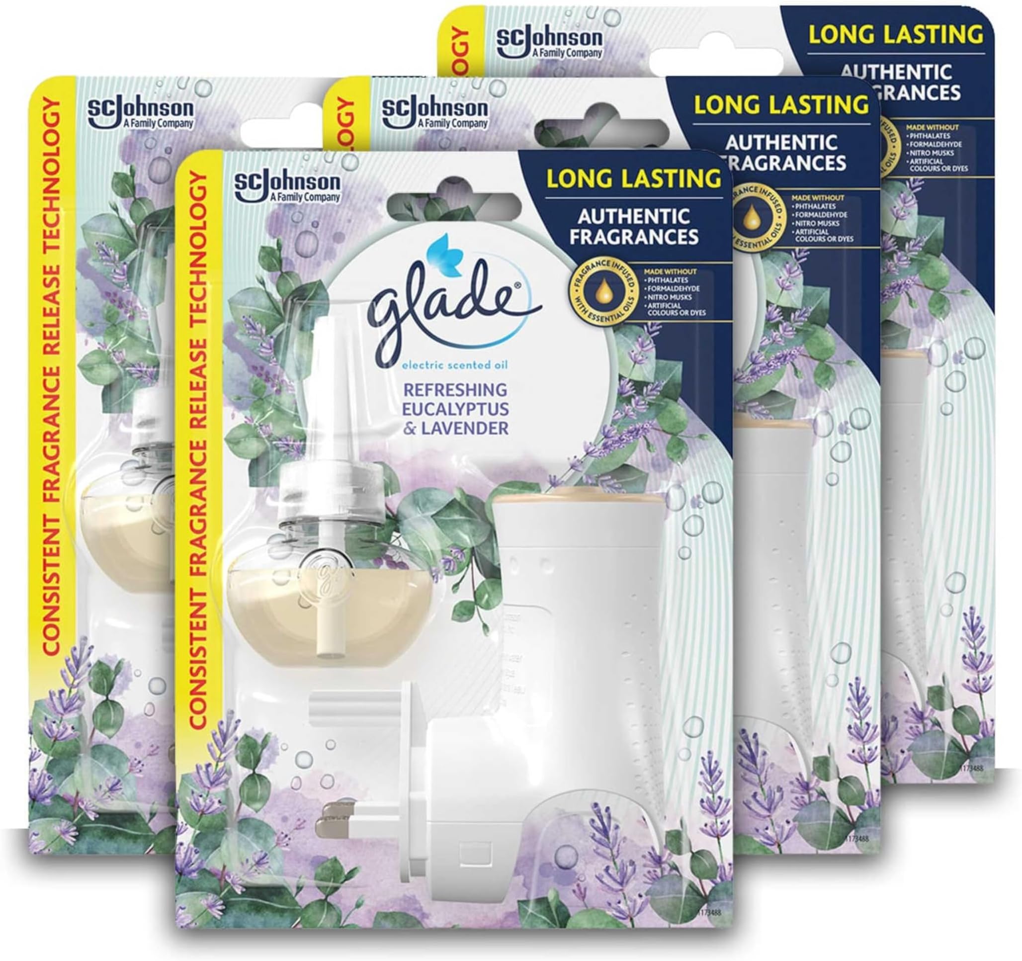 Glade Plug in Air Freshener Holder and Refill, Electric Scented Oil Room Air Freshener, Eucalyptus & Lavender, Pack of 4 (4 x Holder and 4 x 20 ml Refill)