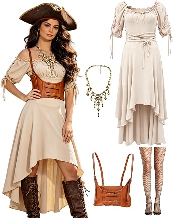 Pirate Costume for Women, Renaissance Peasant High Low Dress with Accessories Corset, Necklace & Fishnet Tights