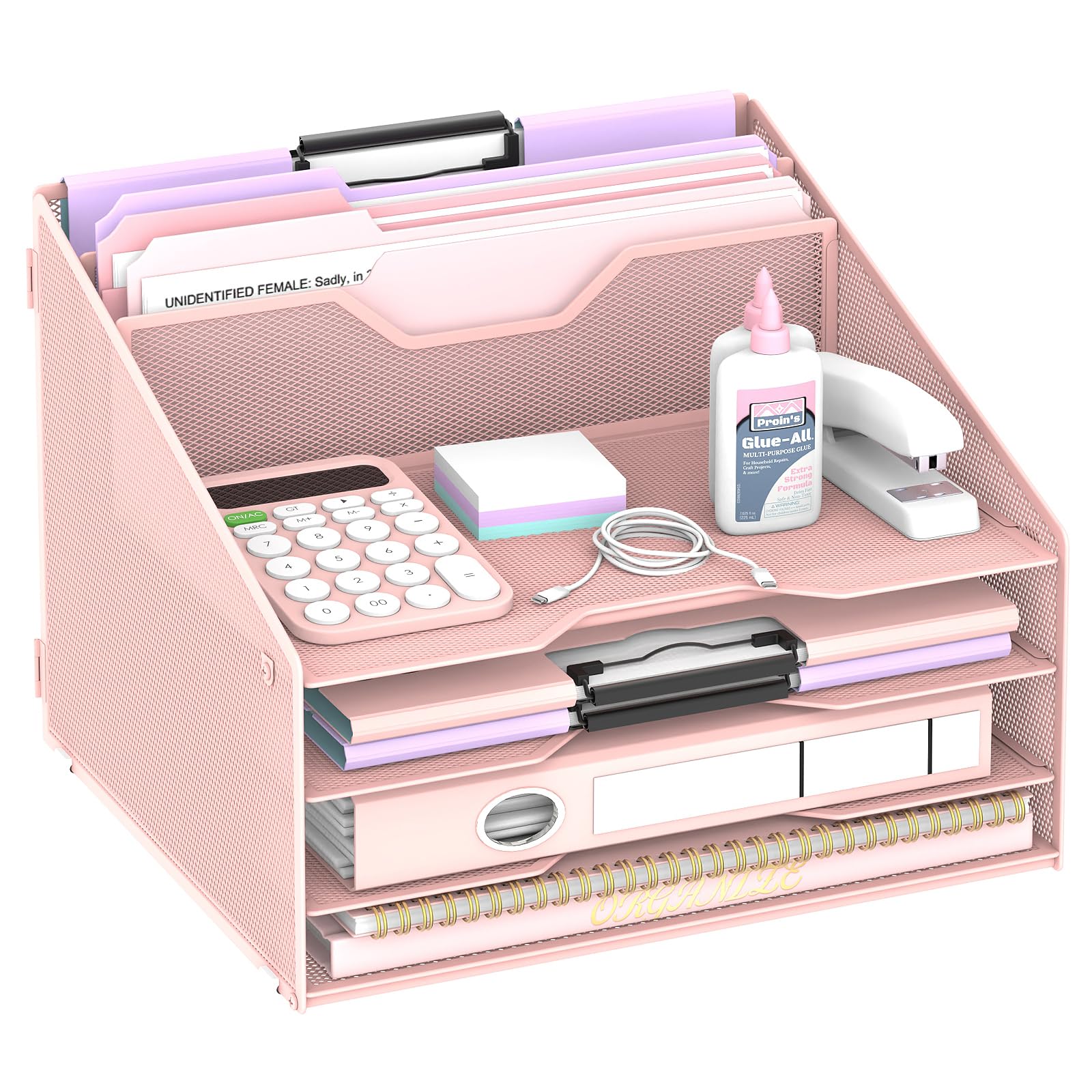Organiseur de fichiers de bureau, organiseur de papier avec 4 bacs à courrier et 2 sections verticales verticales, organiseurs de bureau et accessoires pour bureau, école, maison (rose)