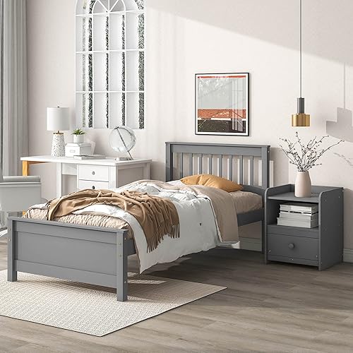 Miniatura 1 de HomSof Twin Bed with Headboard and Footboard for Kids Teens Adultswith a NightstandGrey
