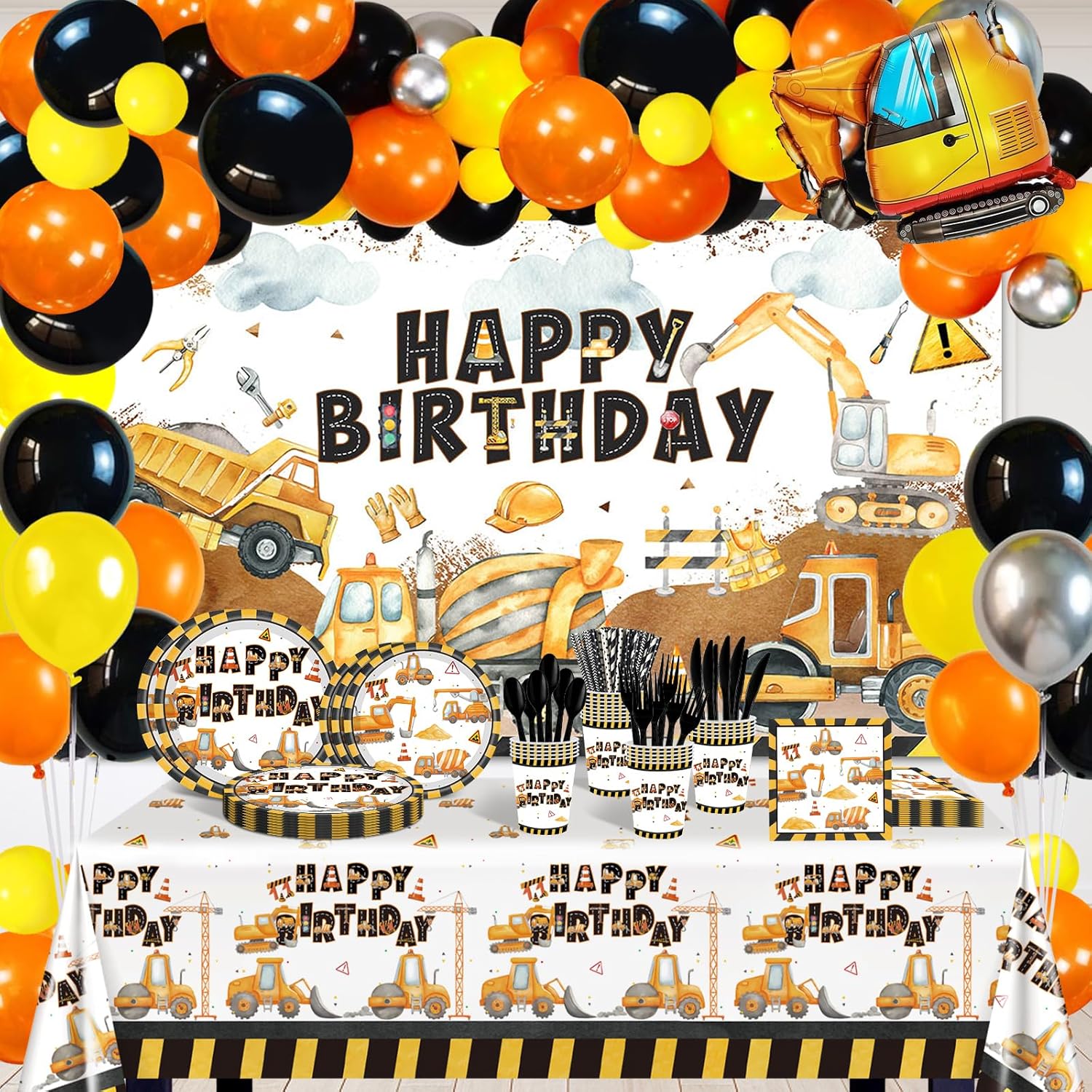 Construction Birthday Party Supplies 251 PCS Construction Birthday Banner Balloons Plates Napkins Cups Tablecloth Set for Kids Dump Truck Excavator Party Decorations