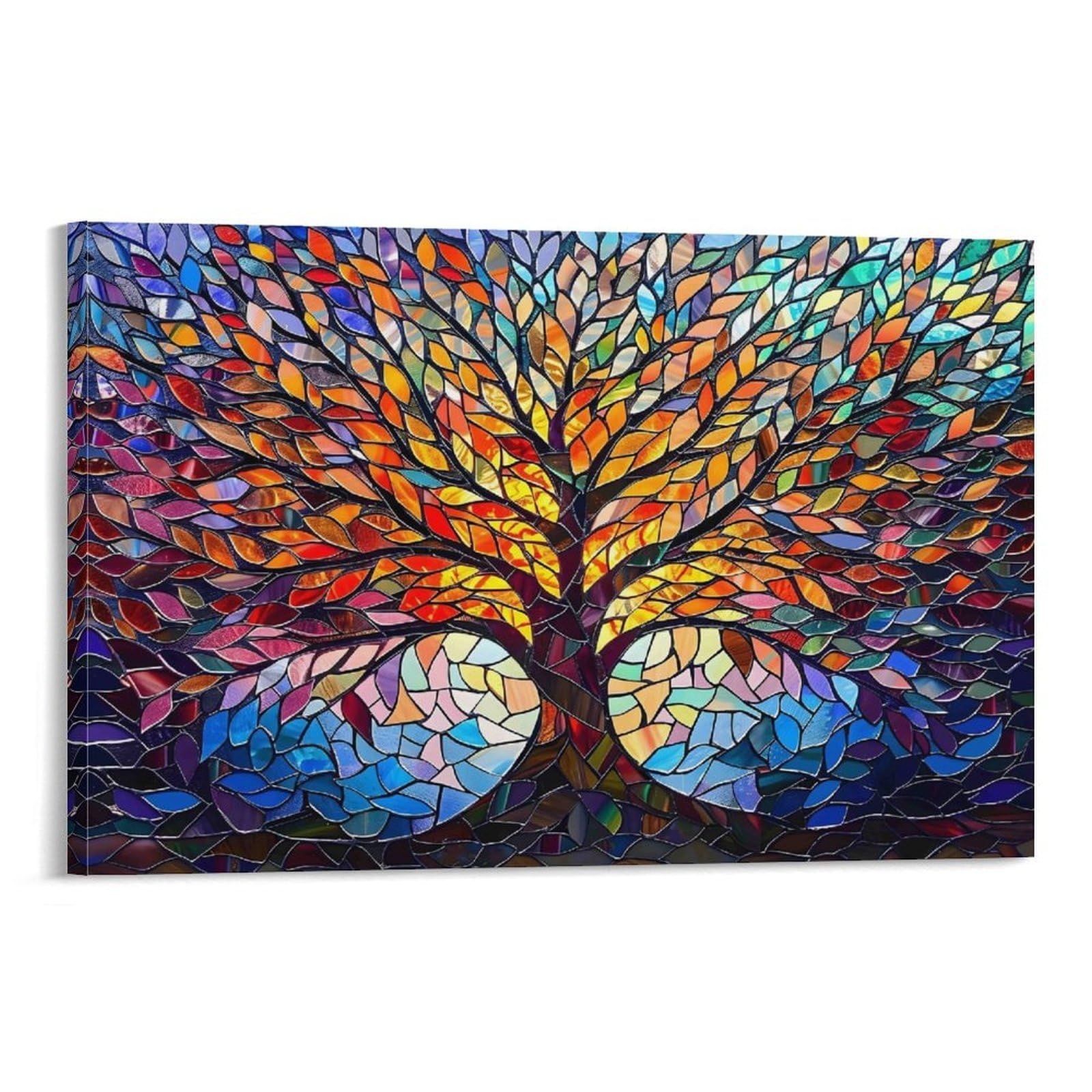 CPLVKWRQJ Stained Glass Tree Single Piece Vibrant Multicolored Tree Stained Glass Piece Canvas Art - Kitchen Canvas Wall Decor Removable Multi-Purpose Ready to Hang 16x24inch(40x60cm)