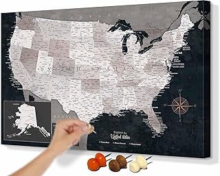Office Wall Art Living Room Canvas Paintings Vintage Wall Decor Large US Map with Pins Bedroom Dining Room Kitchen Decor Obsidian Blue Inspirational Art for Men