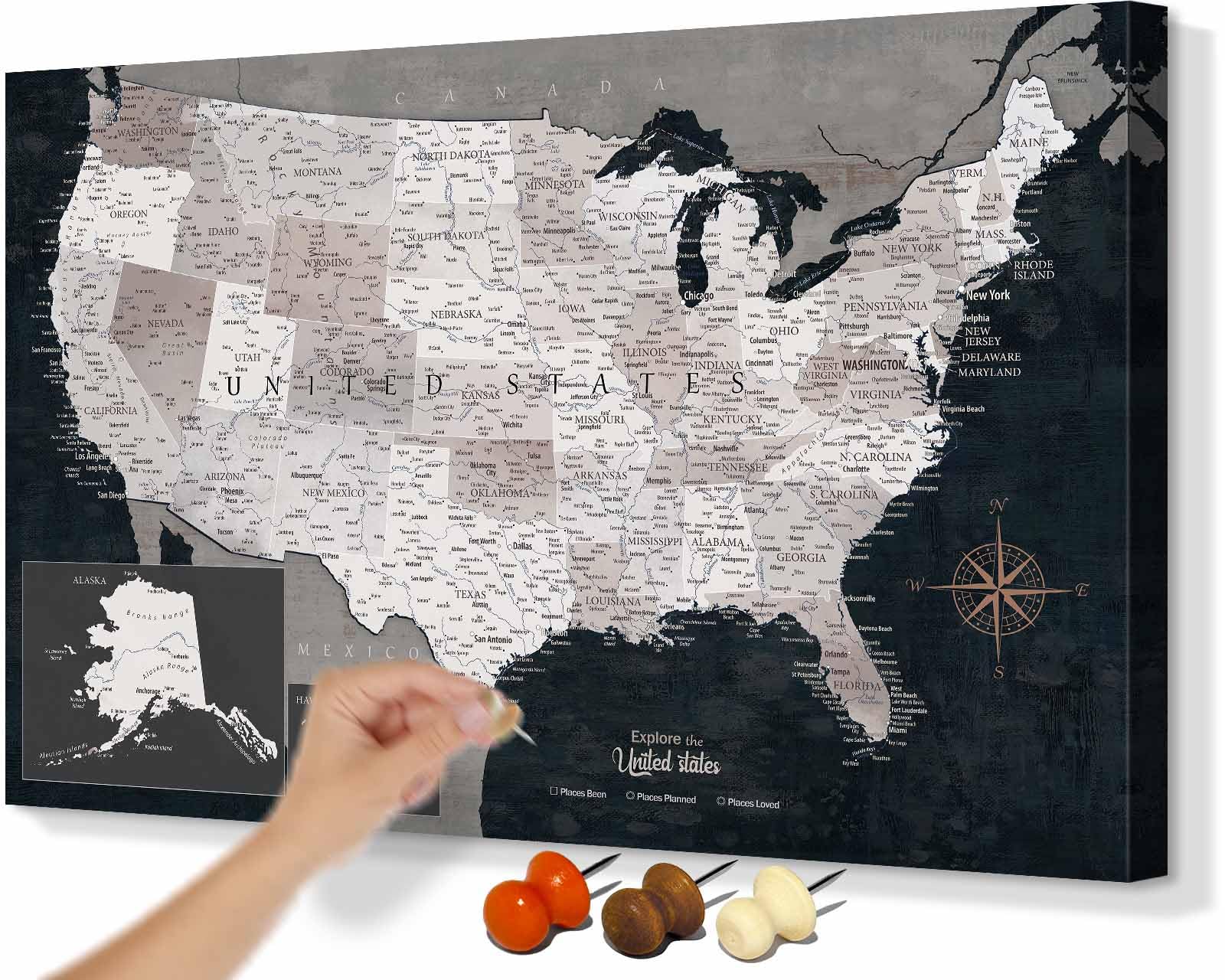 Office Wall Art Large US Map with Pins Inspirational Art for Men