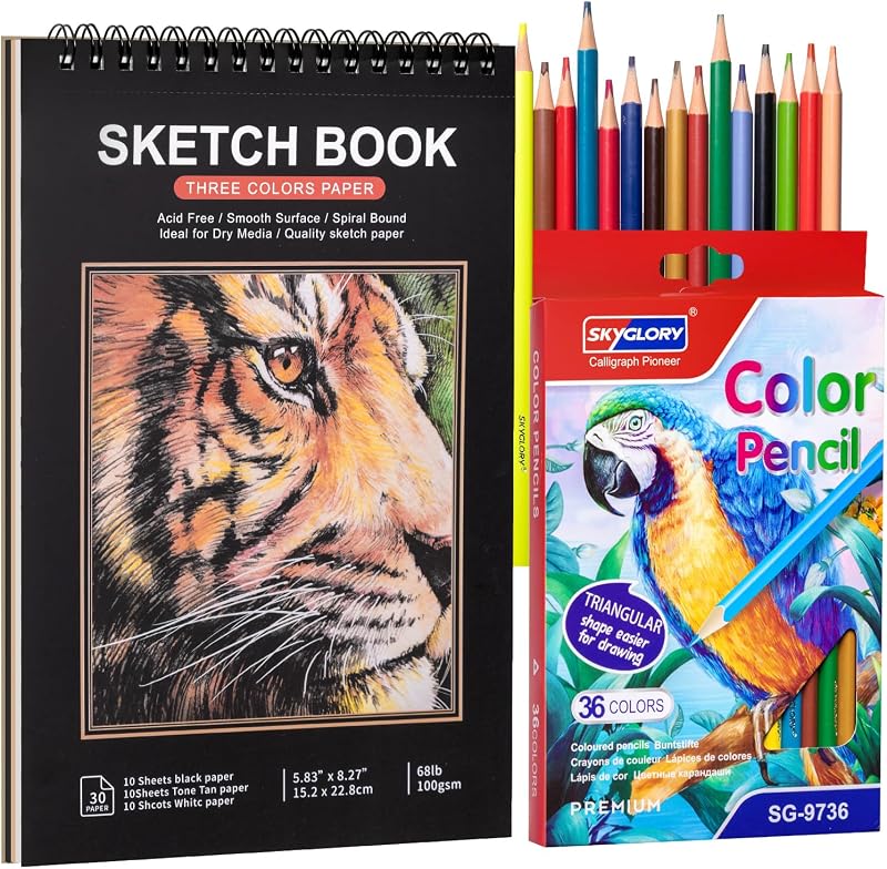 5.8 x 8.3In Sketch Book Set for Kids, 100 GSM Spiral Sketch Drawing Pad | 30 sheets acid-free paper, perforated pages, for dry media, Mixed-media creation using 3 types of paper with 36 Pencils