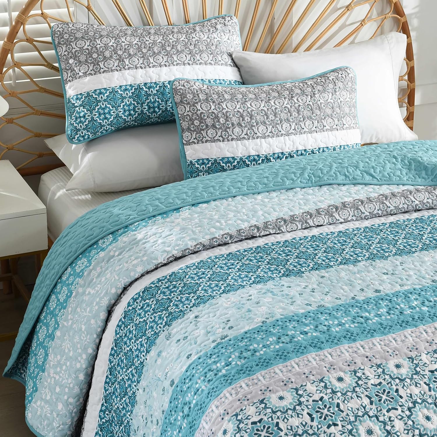 WONGS BEDDING Boho Quilt Set Queen Size,Teal Bohemian Striped Patchwork Bedspread Set,3 Pieces Microfiber Bedding Set for All Seasons (96"x90") - Image 5