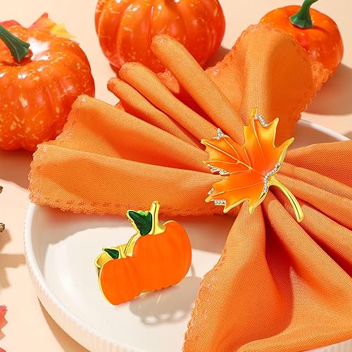 Miniatura 3 de Juego de 12 servilleteros de otoño de Acción de Gracias, incluye 6 servilleteros de hoja de arce de calabaza con 6 servilletas de color sólido para