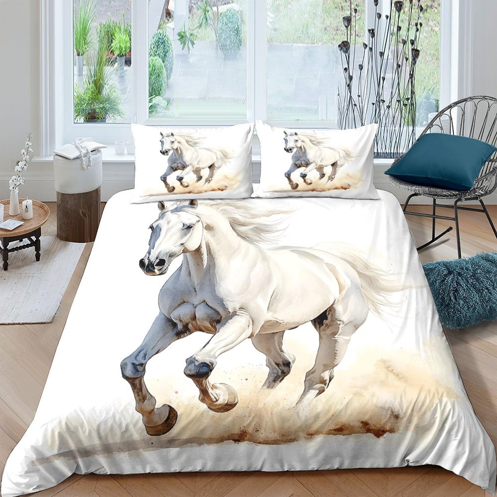 Ctjqhvkz Style-5 3D Printed White Horse Fitted Sheet Microfiber Soft Breathable Galloping Stallion Mattress Cover Bedroom Decor Single（135X200cm）