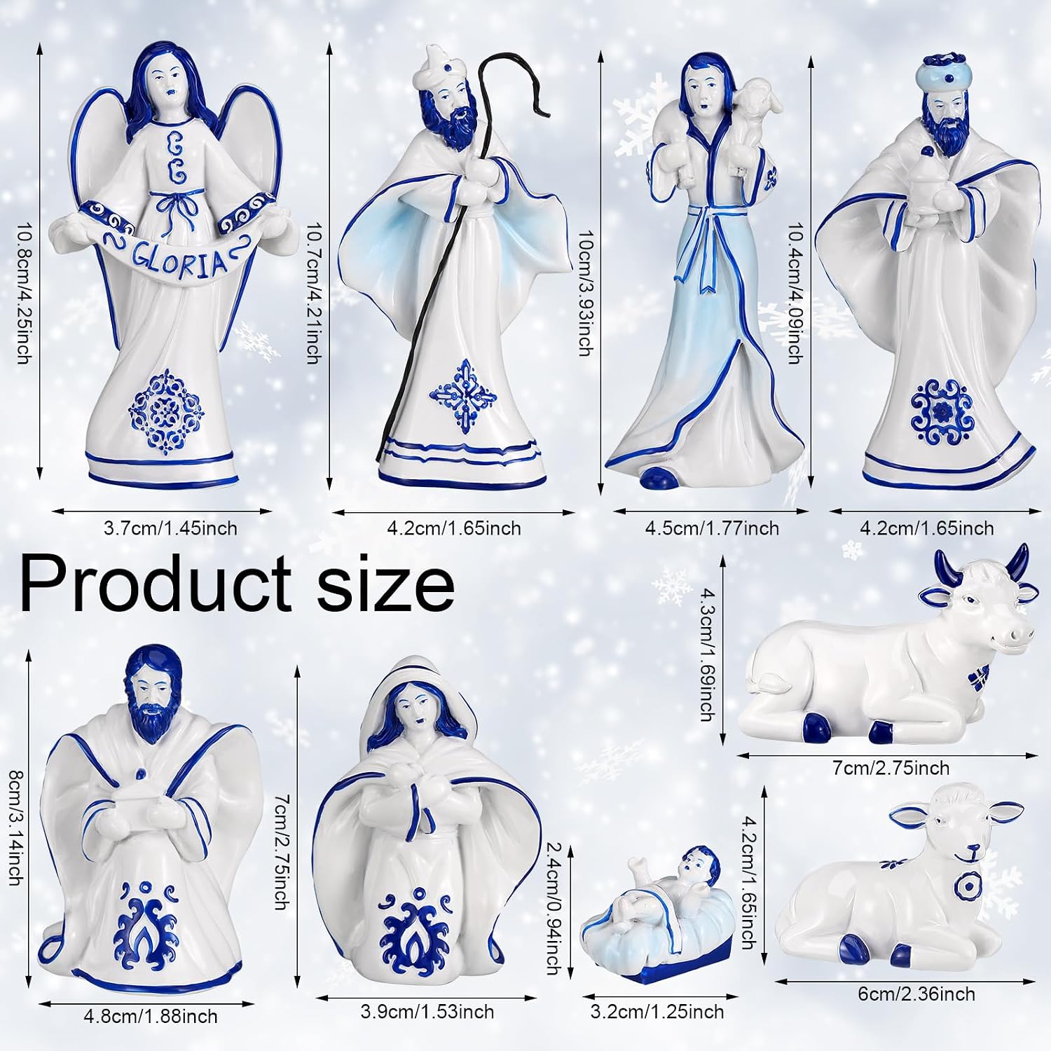 Tioncy 9 Pcs Delft Blue Nativity Set Figurines Christmas Tabletop Decor