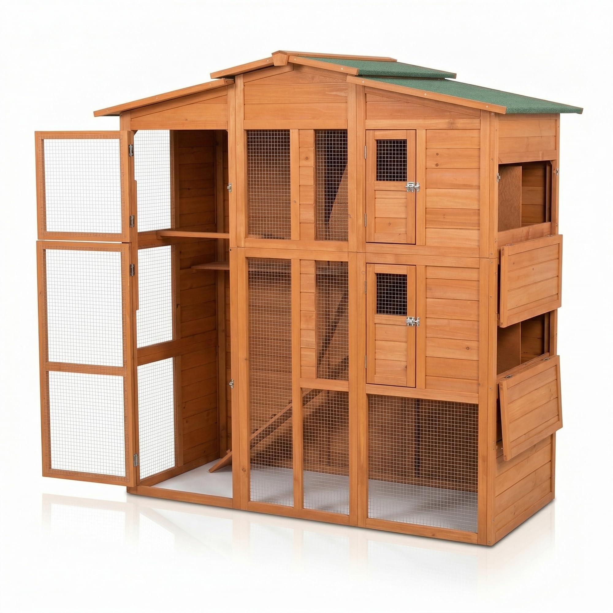 Mucola Hasenstall mit Freilaufgehege 171x80x166 cm Kleintiergehege Holz inklusive 2 Rampen Kleintierhaus Hühnerstall 2 Nestboxen (4 Nistplätze) Hühnervoliere