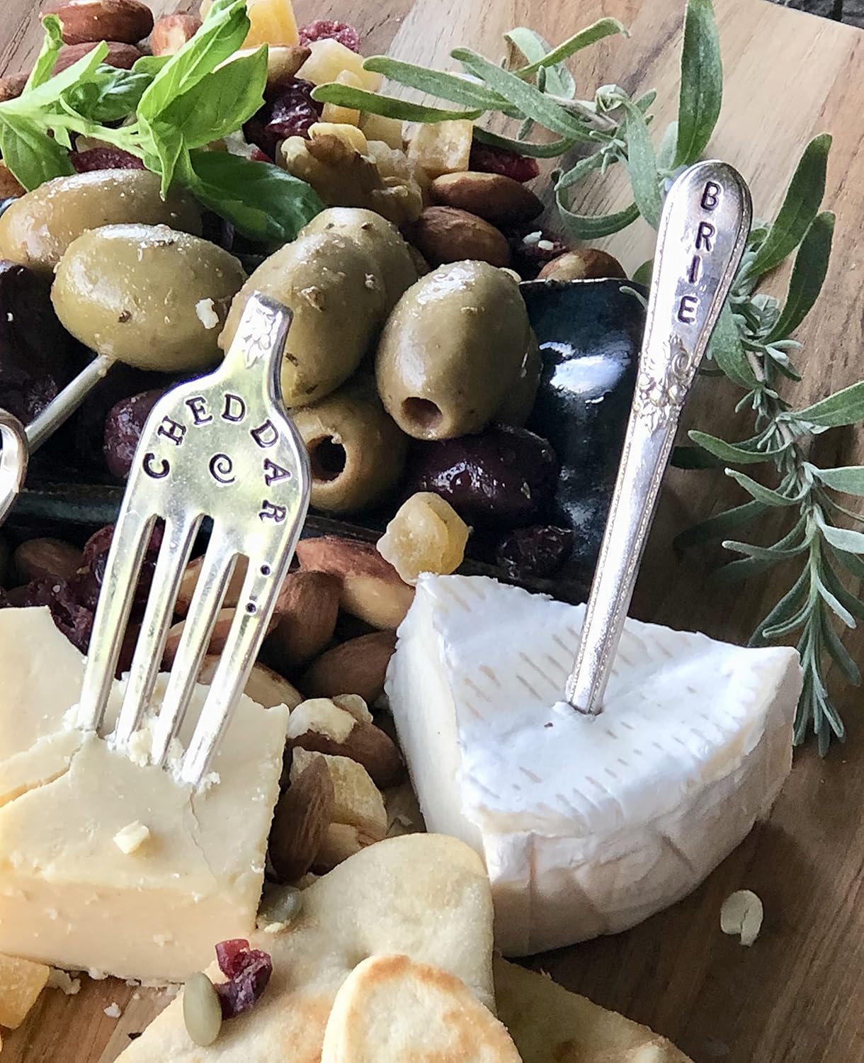 Cheese Markers Set of 6 Custom Personalized recycled Forks, Stamped Silver Plate, Hostess Gift with Storage Bag